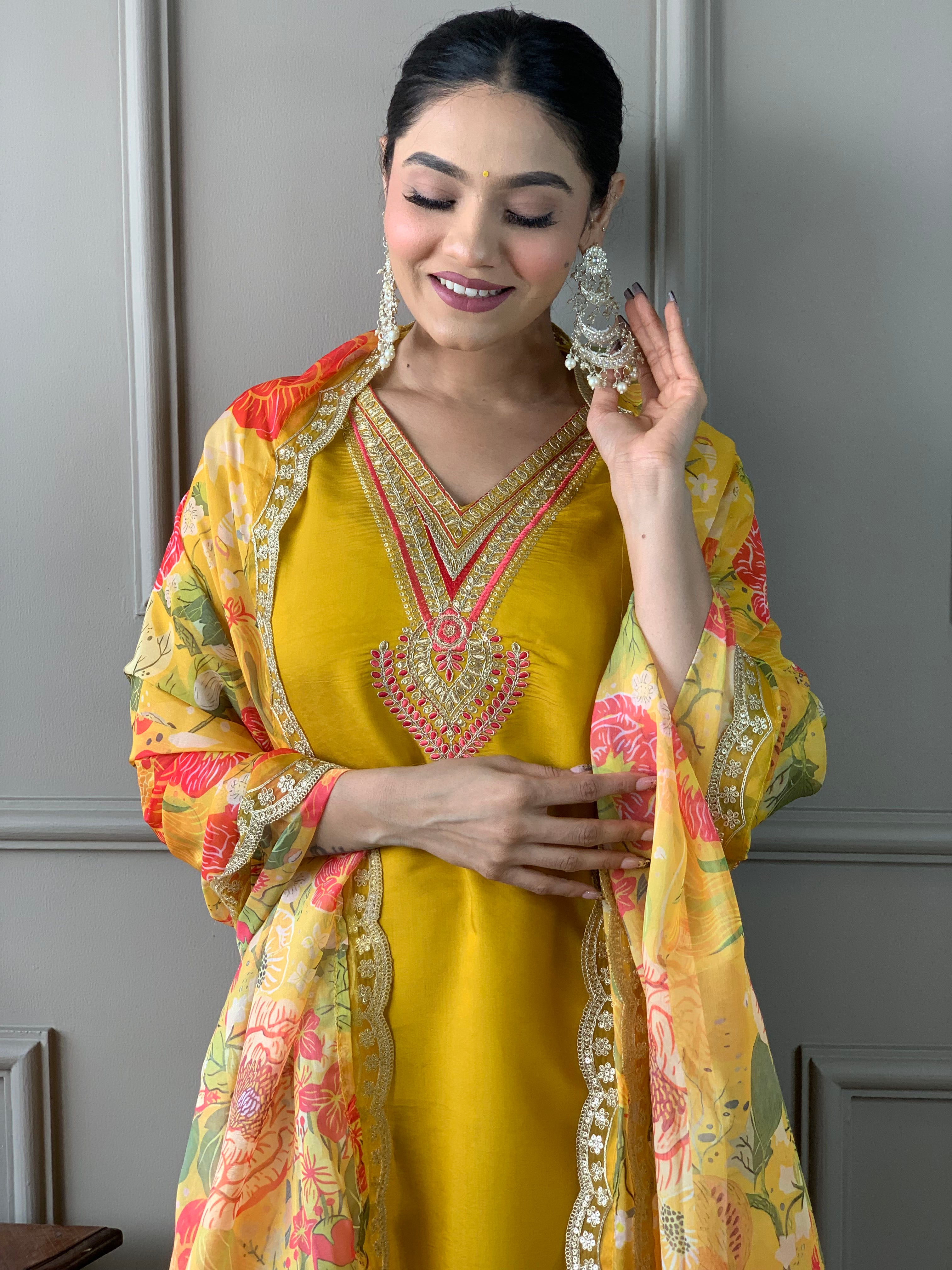 Women’s Chanderi Embroidered Suit Set with Organza Dupatta