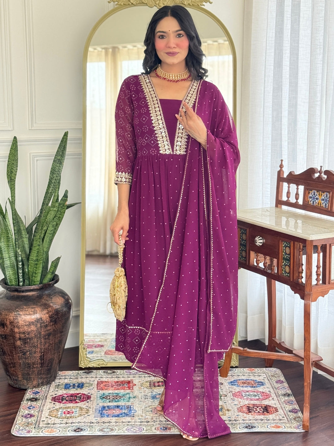Women's Georgette Embroidered Flared Kurta with Pant And Dupatta Sets