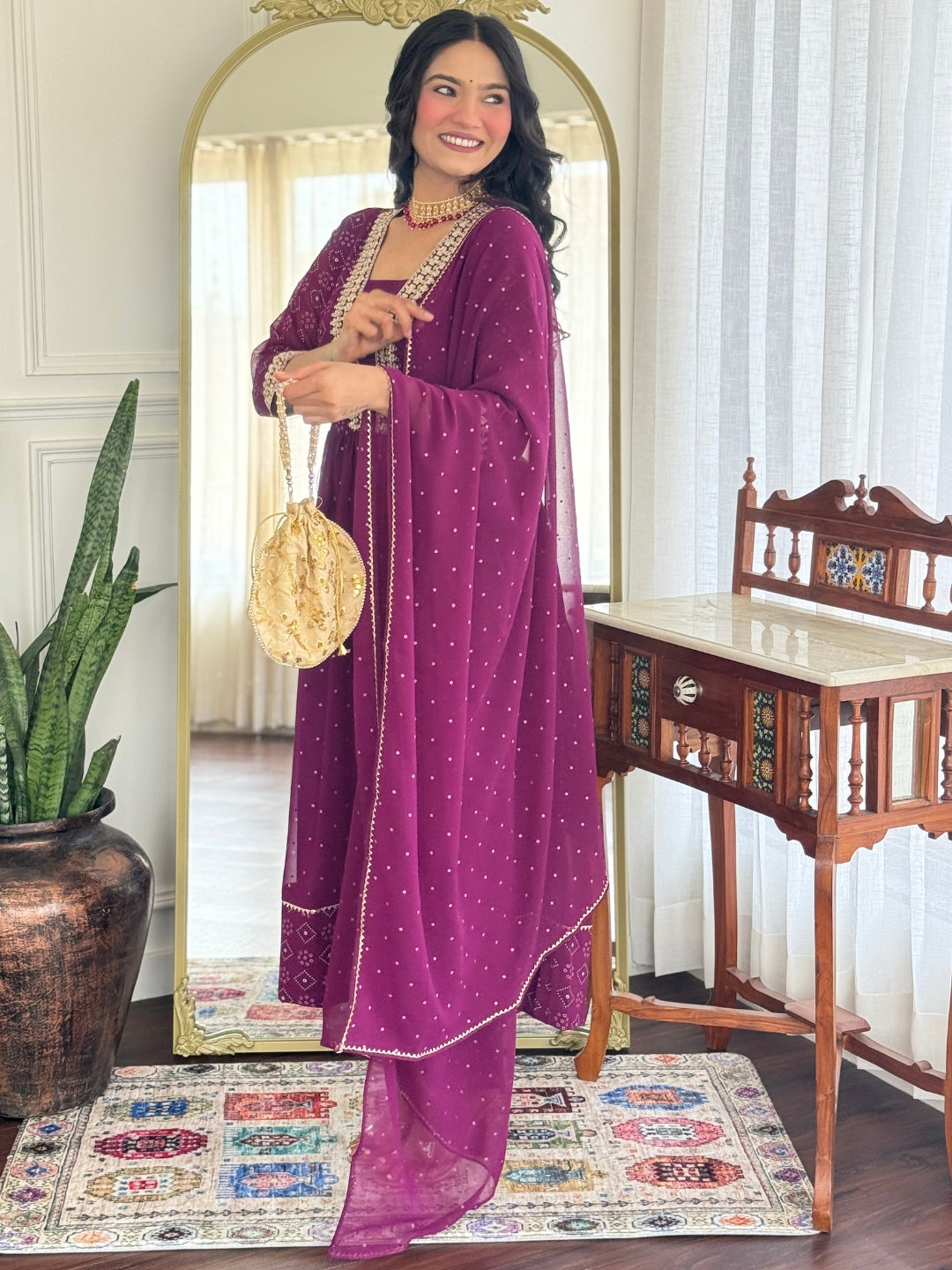Women's Georgette Embroidered Flared Kurta with Pant And Dupatta Sets