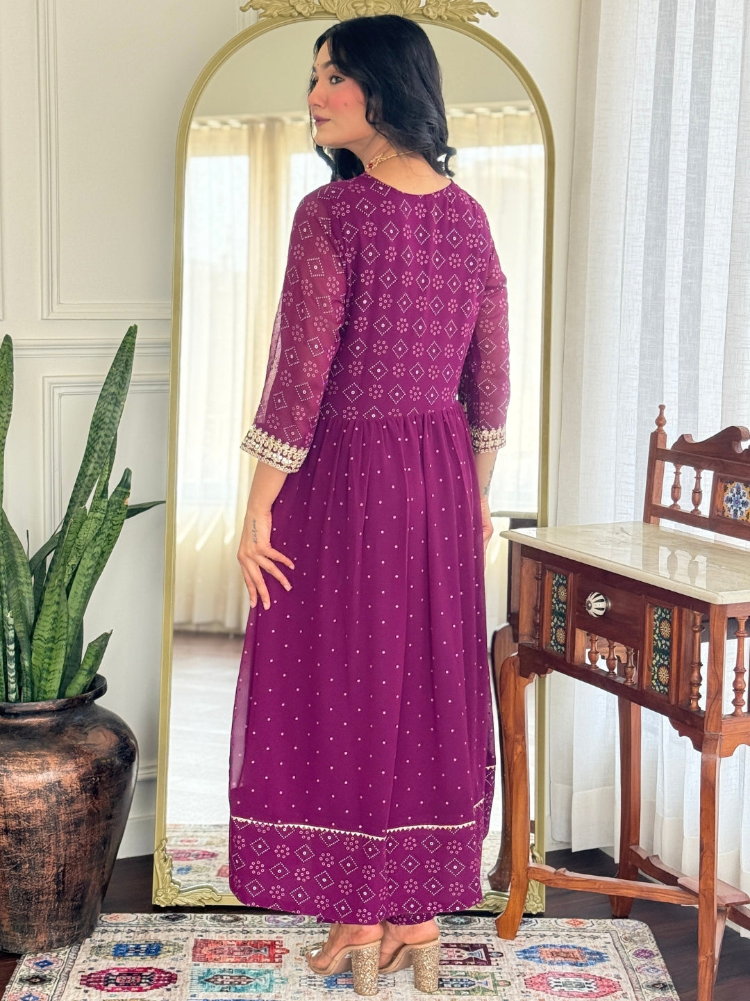 Women's Georgette Embroidered Flared Kurta with Pant And Dupatta Sets