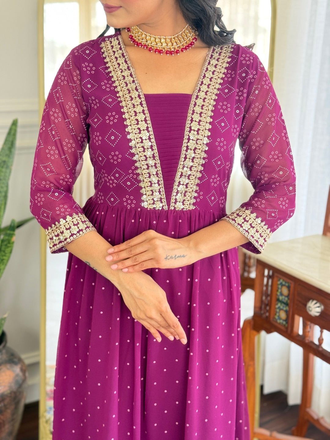 Women's Georgette Embroidered Flared Kurta with Pant And Dupatta Sets