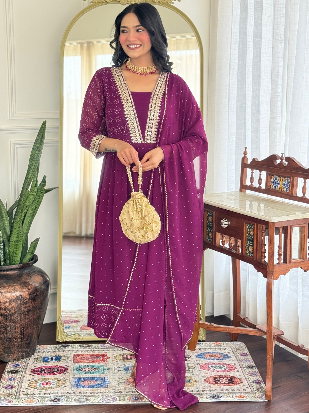 Women's Georgette Embroidered Flared Kurta with Pant And Dupatta Sets