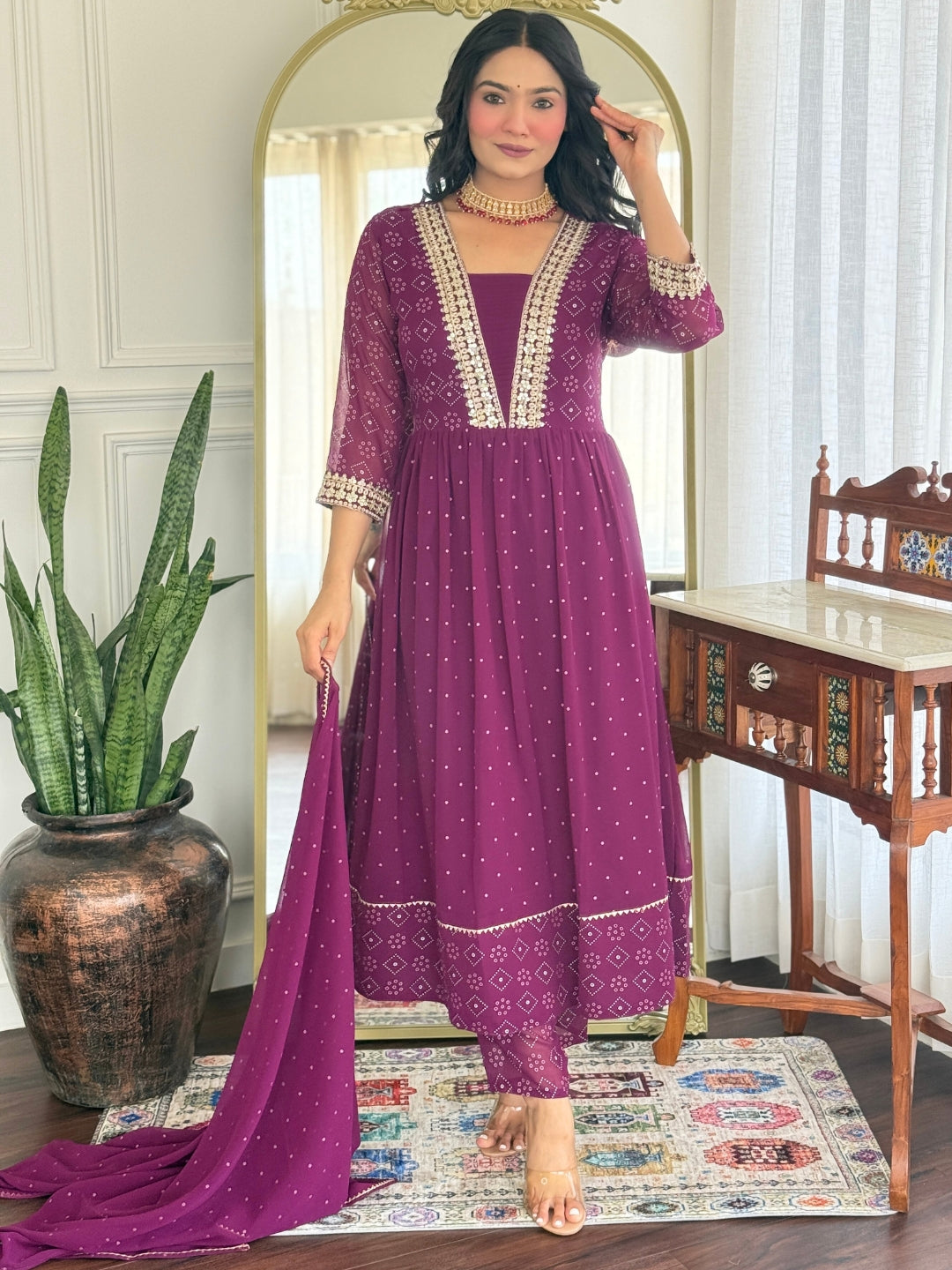 Women's Georgette Embroidered Flared Kurta with Pant And Dupatta Sets