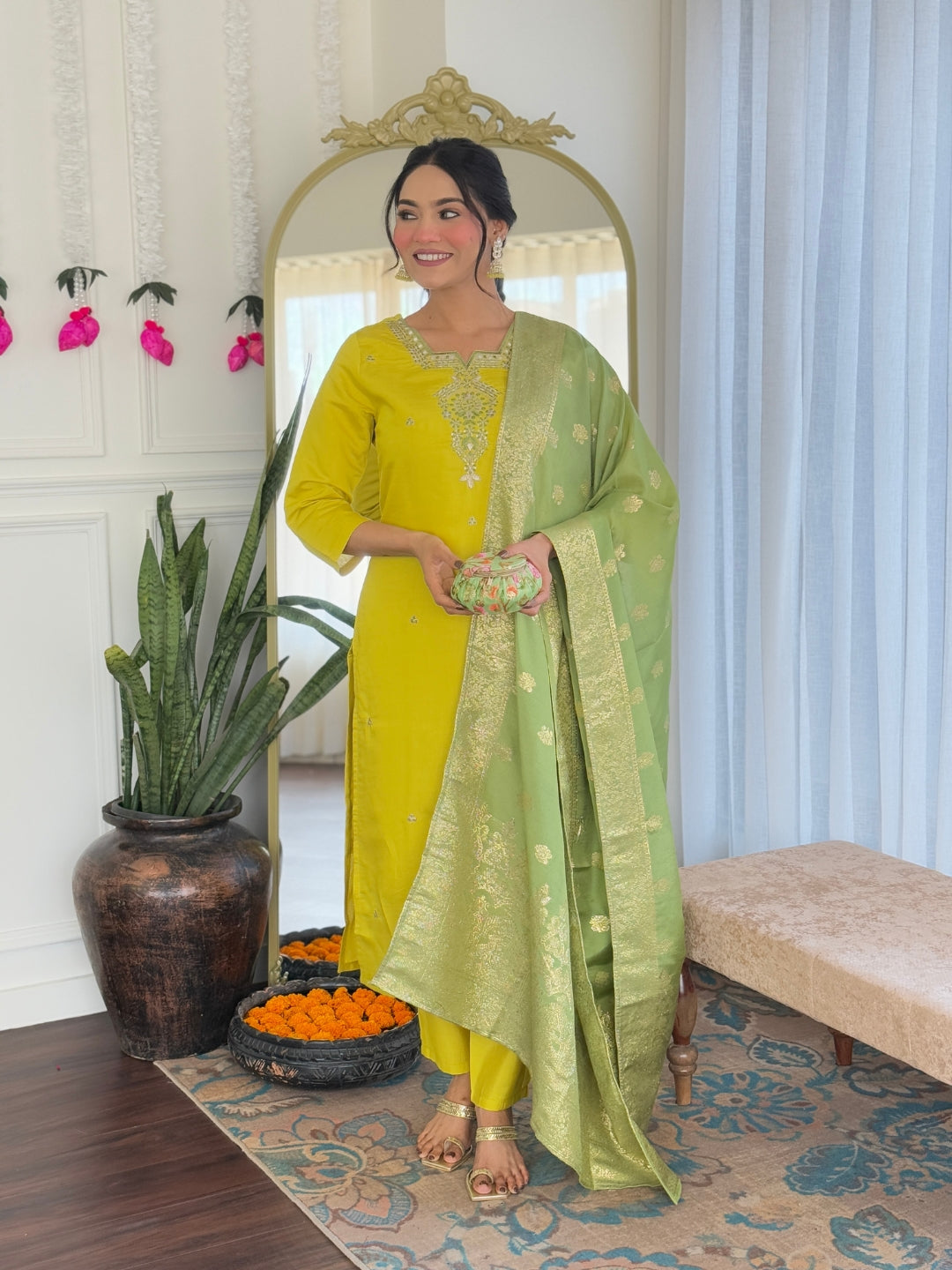 Women's Chanderi Viscose Embroidered Straight Kurta with Pant And Dupatta Sets