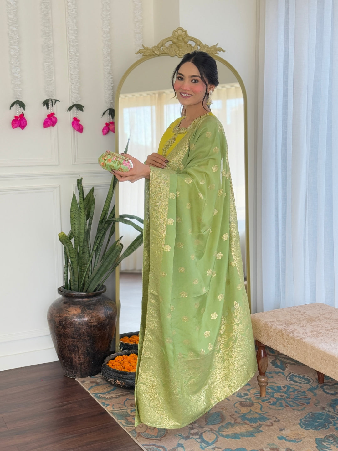 Women's Chanderi Viscose Embroidered Straight Kurta with Pant And Dupatta Sets