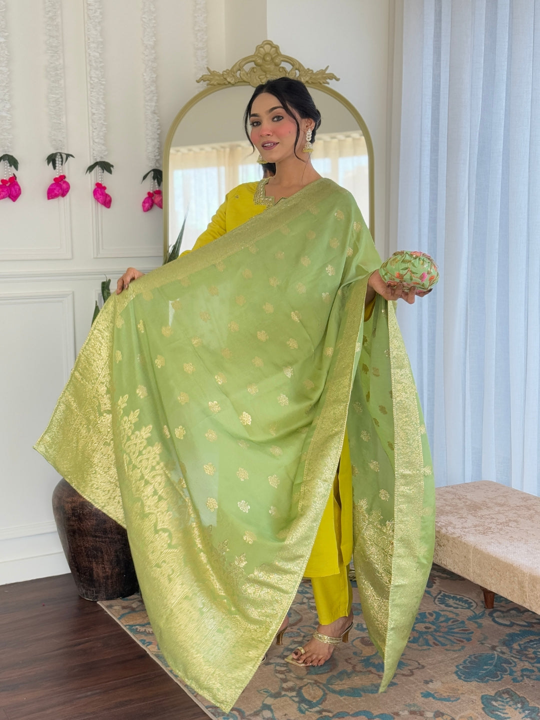 Women's Chanderi Viscose Embroidered Straight Kurta with Pant And Dupatta Sets