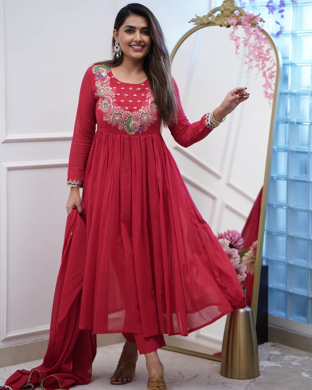 Festive Bsy Chinnon Gown Suit with Embroidered Dupatta