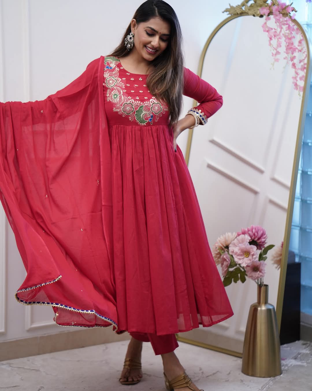 Festive Bsy Chinnon Gown Suit with Embroidered Dupatta
