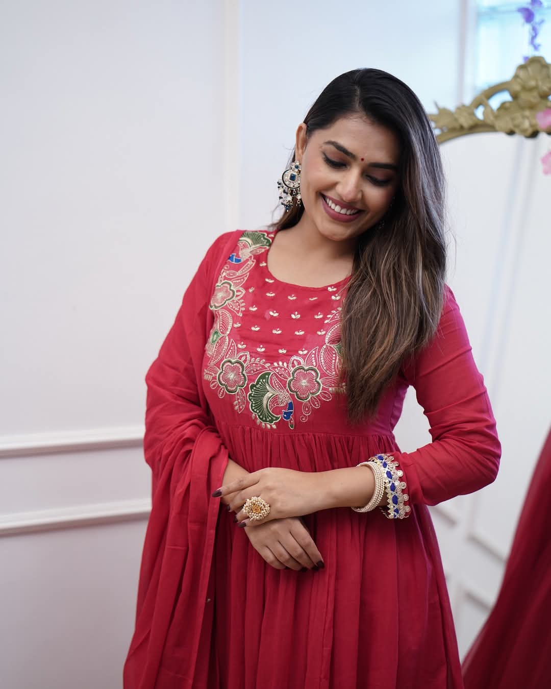 Festive Bsy Chinnon Gown Suit with Embroidered Dupatta