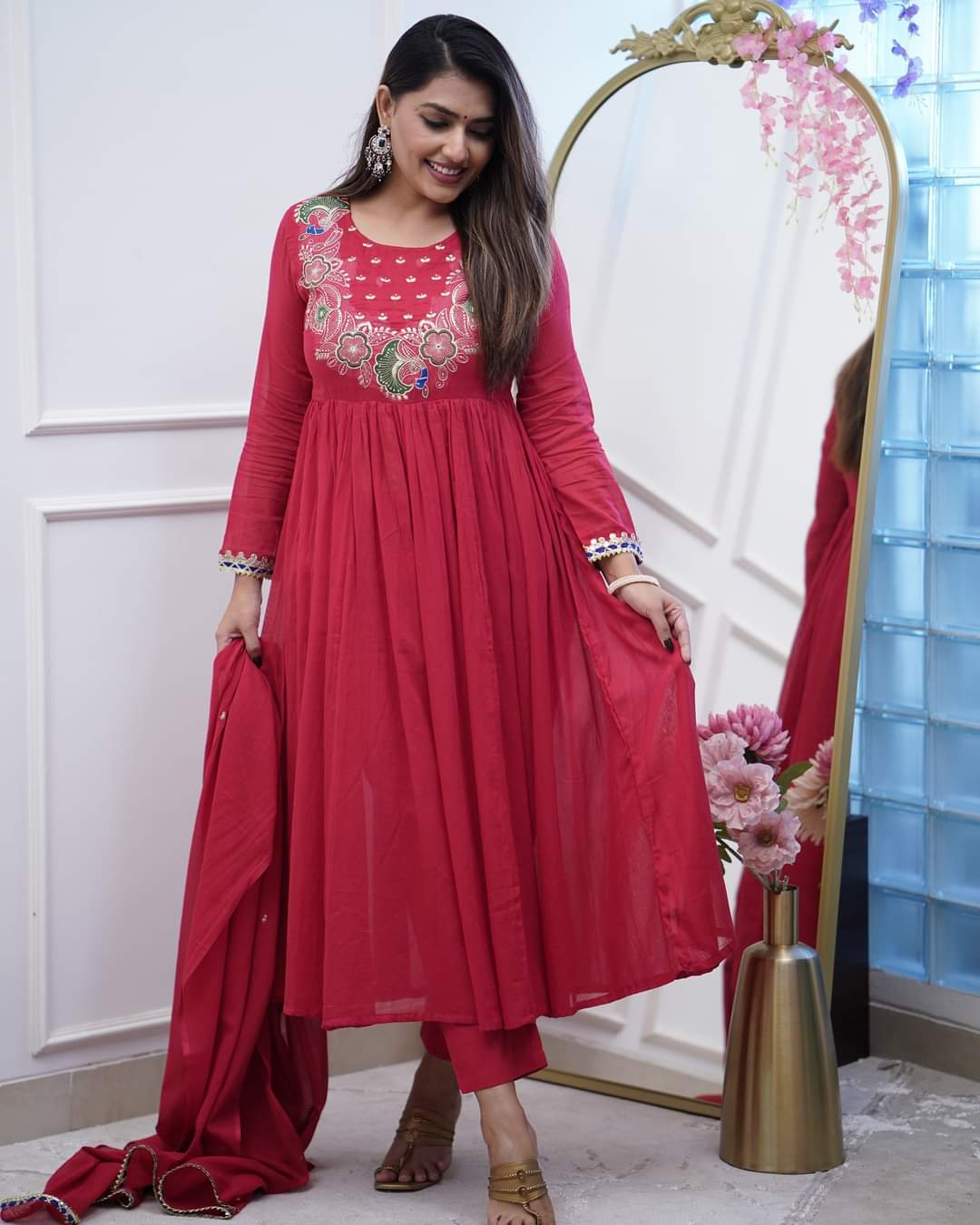 Festive Bsy Chinnon Gown Suit with Embroidered Dupatta