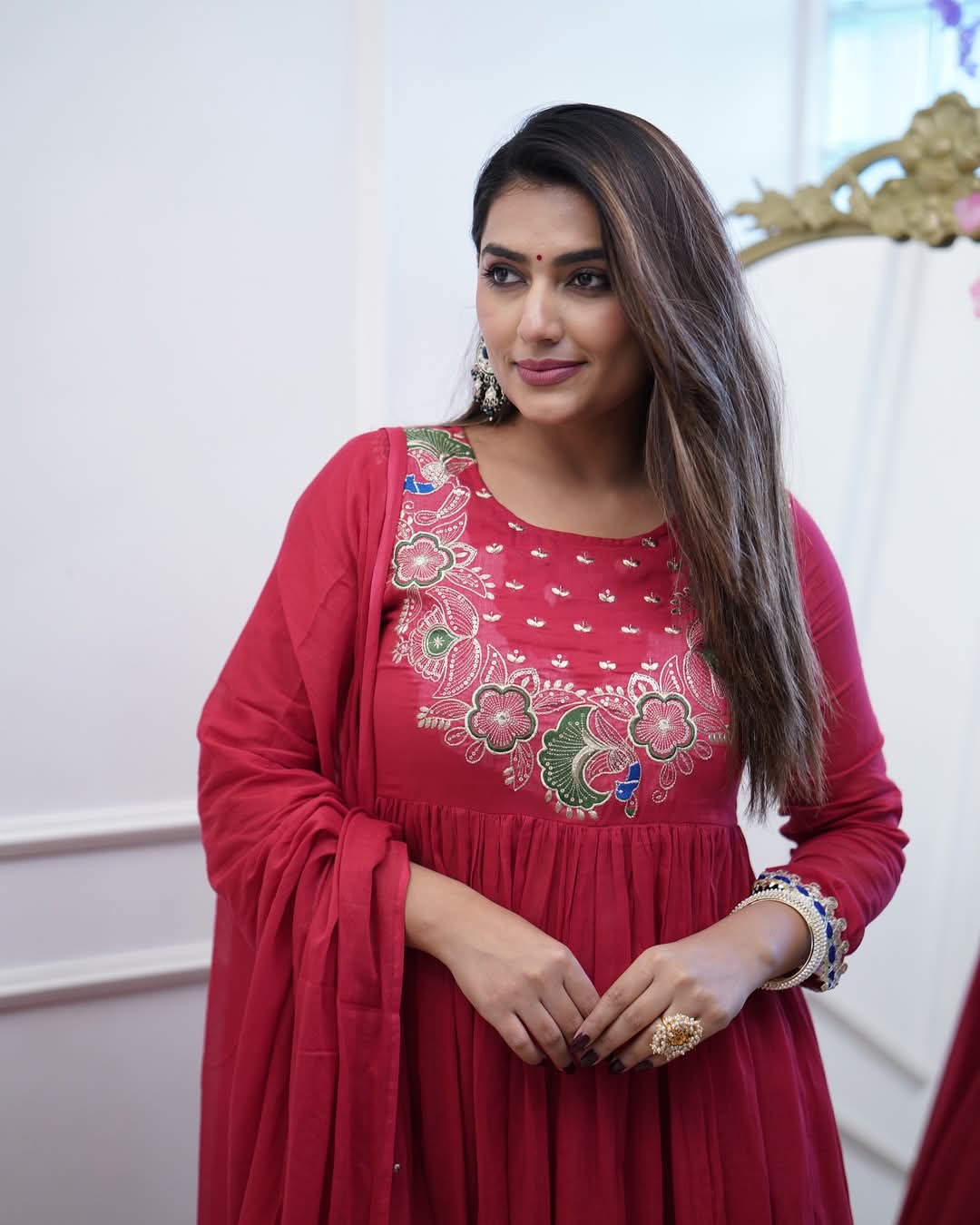 Festive Bsy Chinnon Gown Suit with Embroidered Dupatta