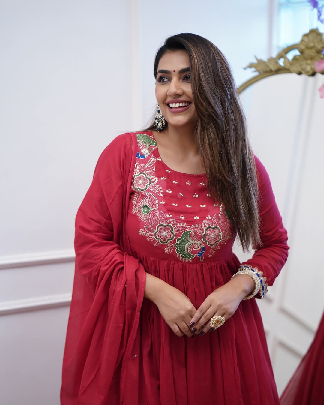 Festive Bsy Chinnon Gown Suit with Embroidered Dupatta