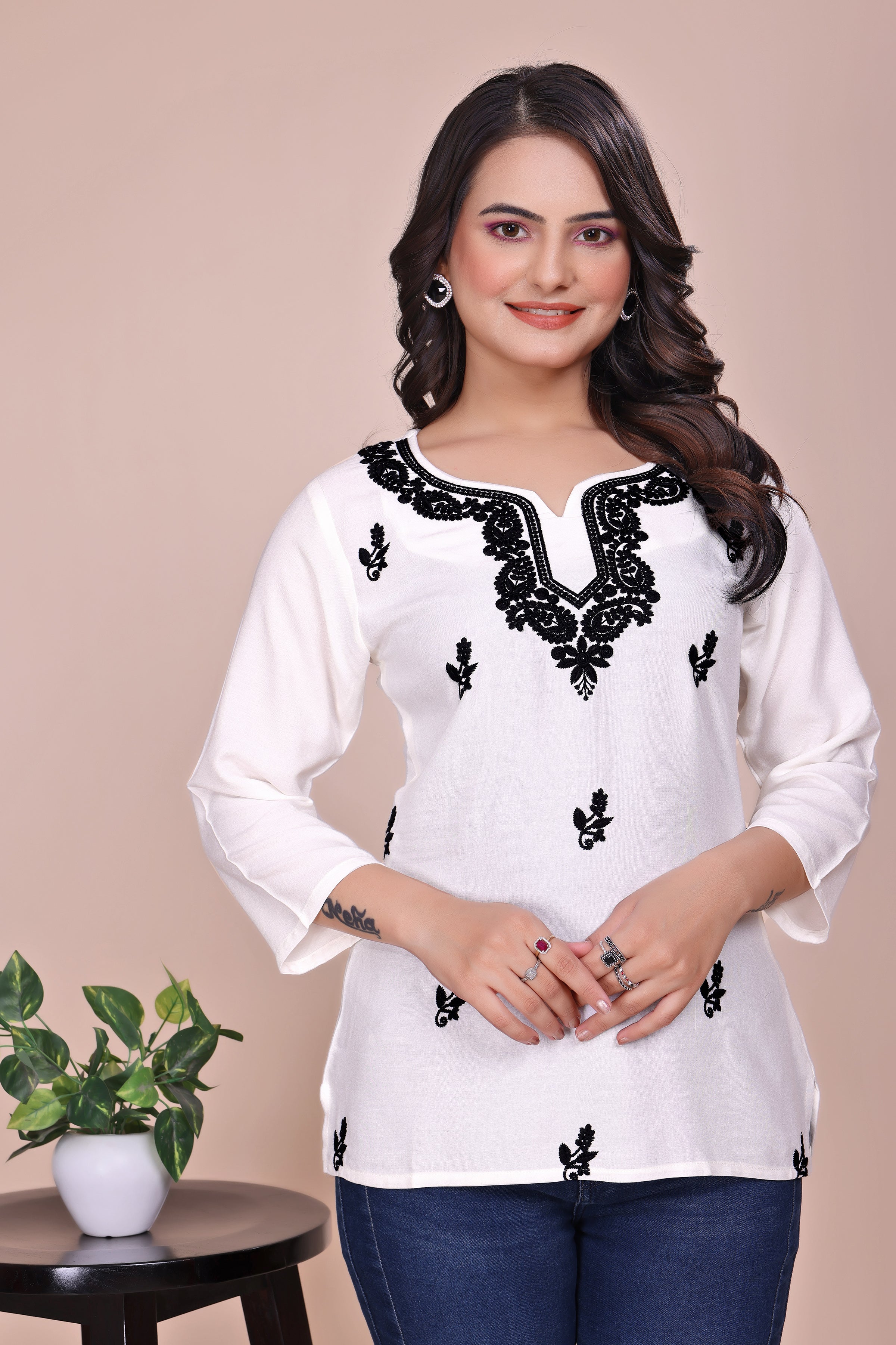 White and black Women Ethnic Motifs Embroidered TUNIC