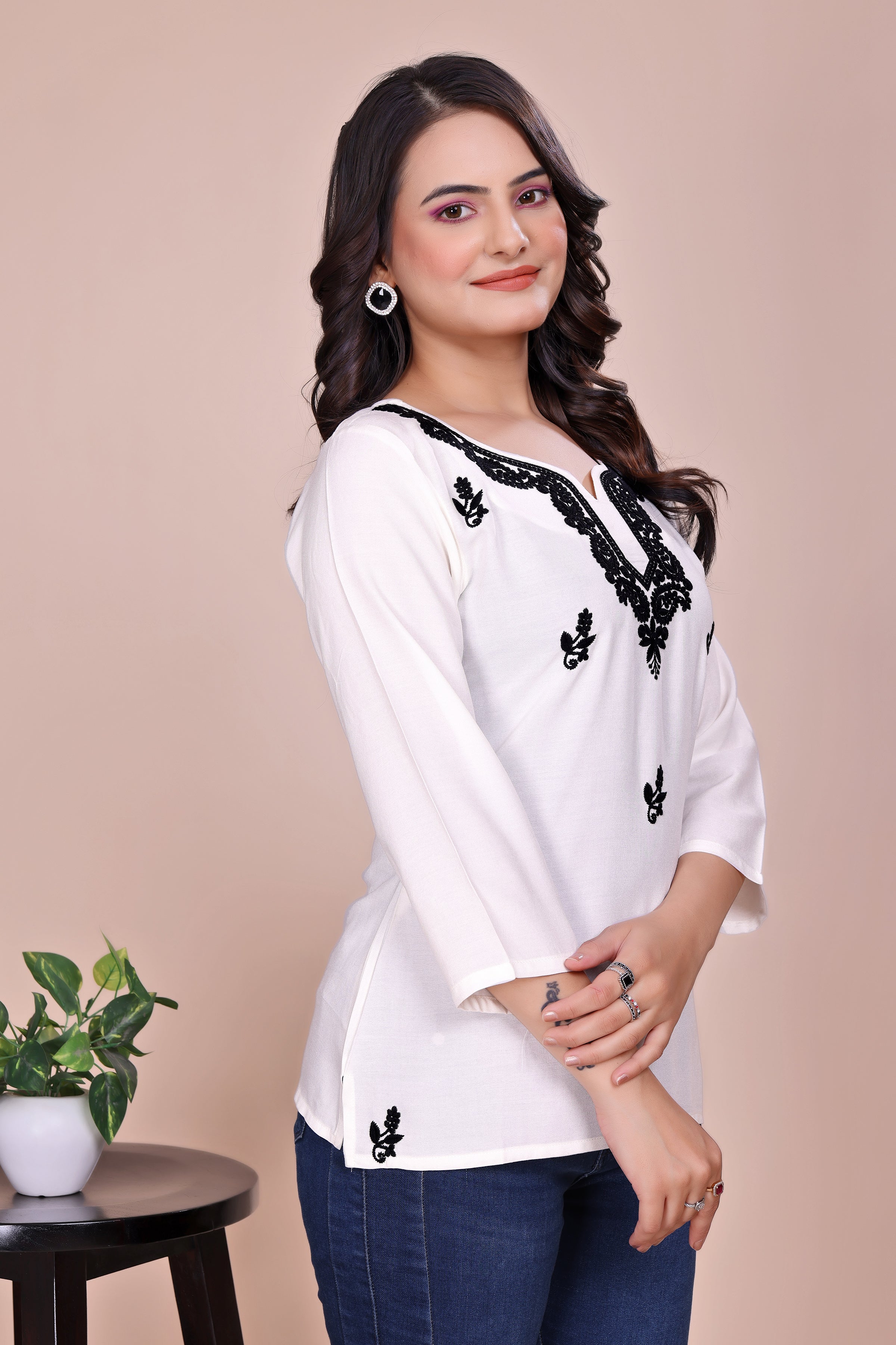 White and black Women Ethnic Motifs Embroidered TUNIC