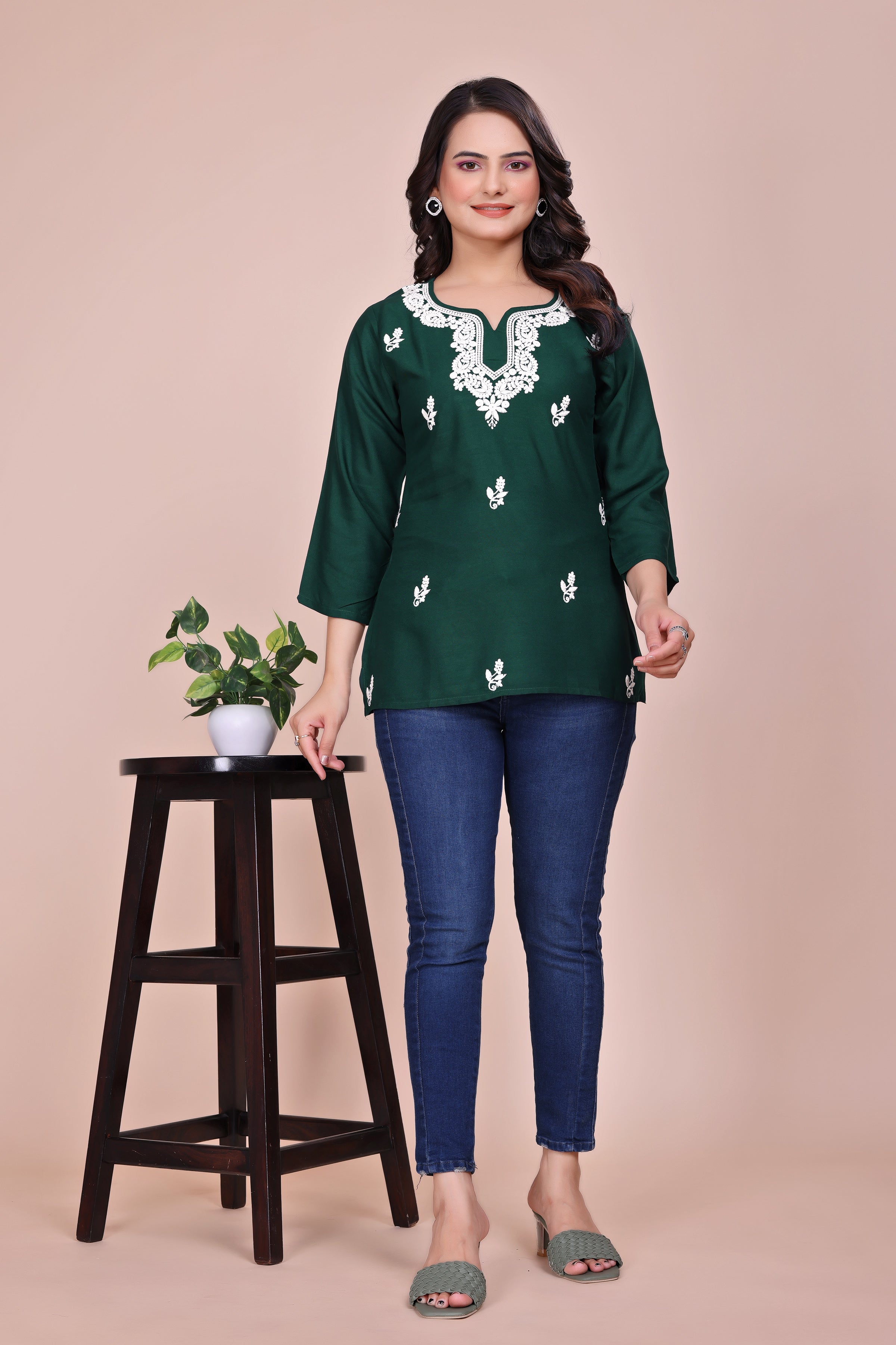 Green and white Women Ethnic Motifs Design TUNIC