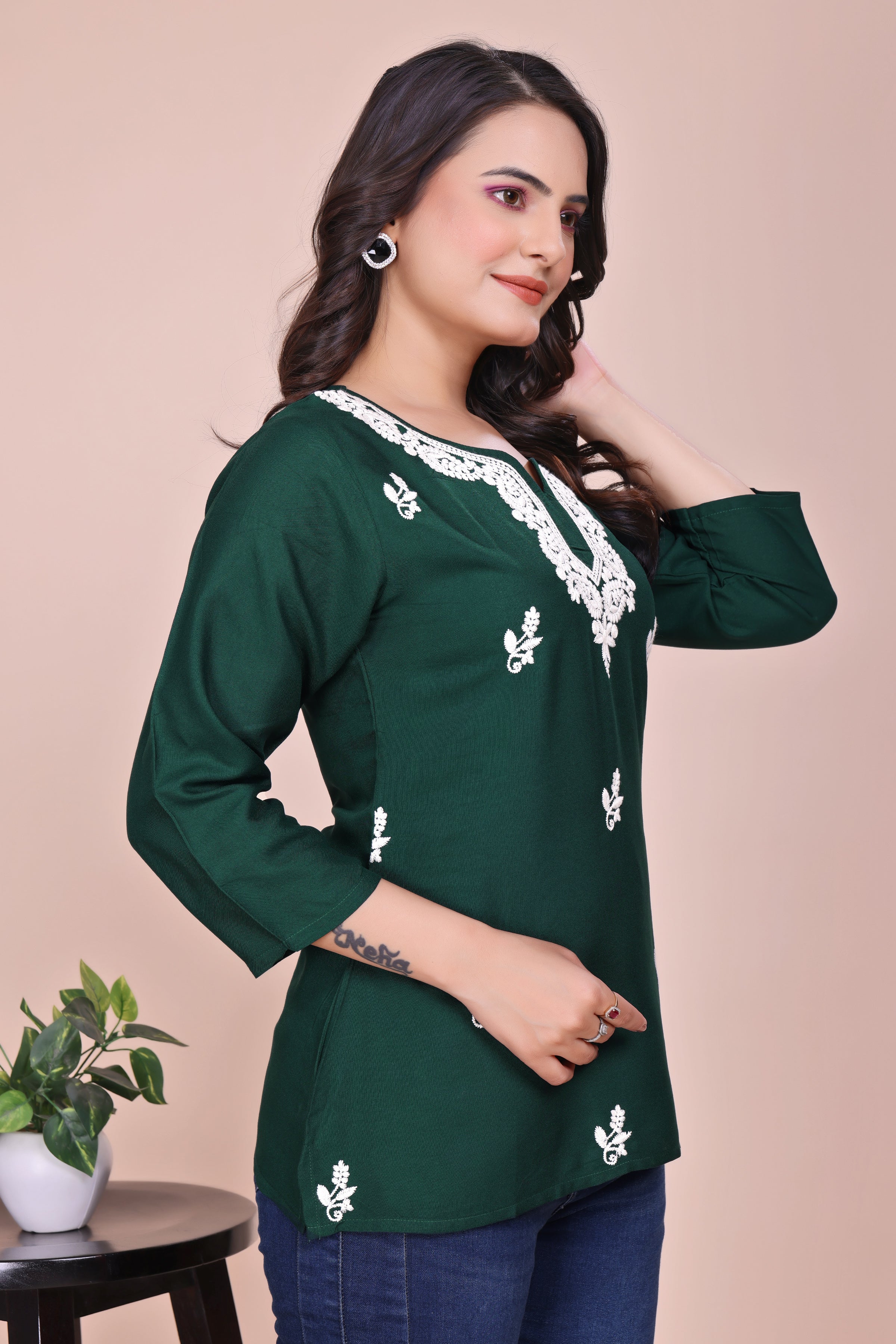 Green and white Women Ethnic Motifs Design TUNIC