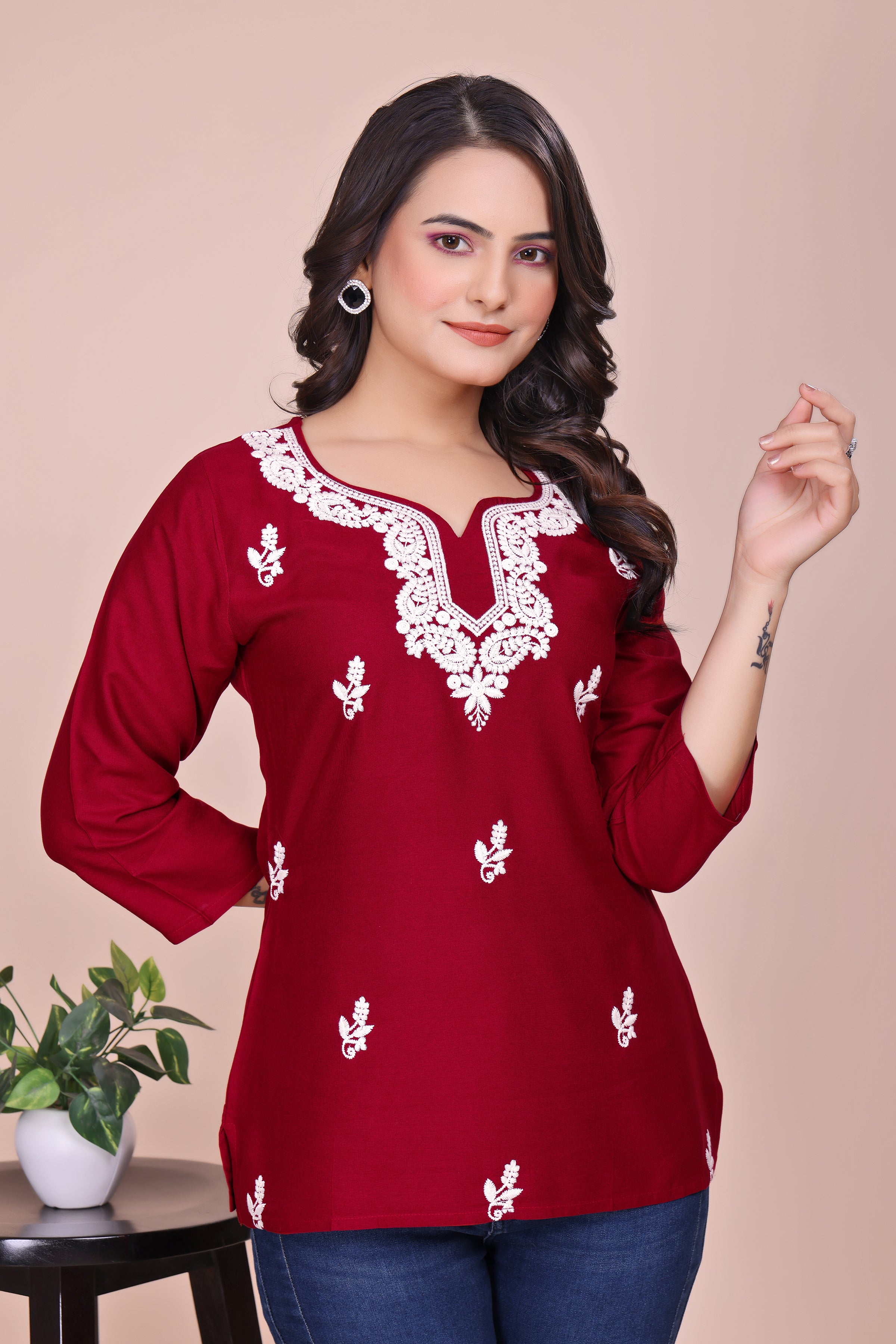 Maroon Ethnic Motifs Embroidered V-Neck Thread Work TUNIC