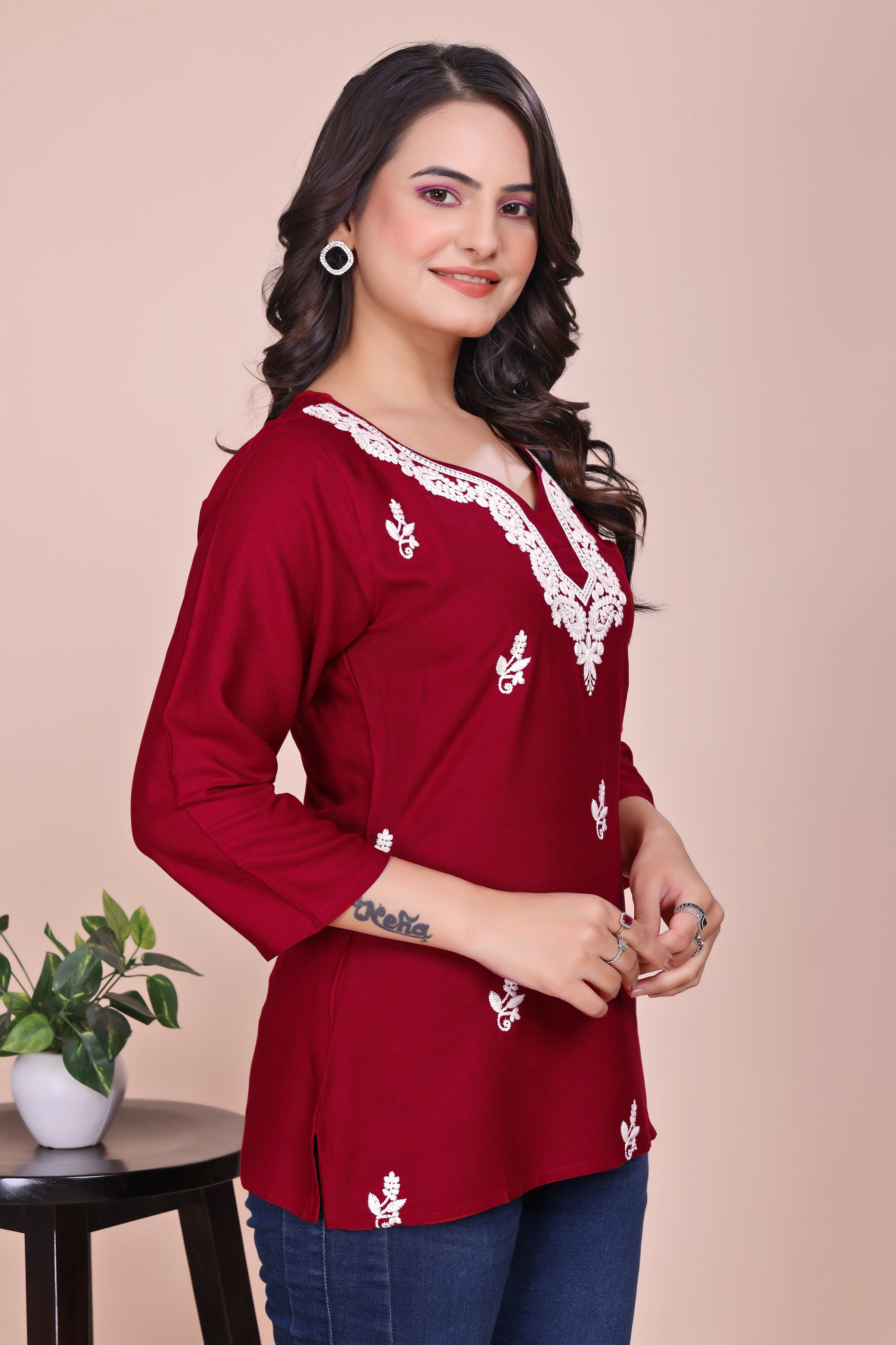 Maroon Ethnic Motifs Embroidered V-Neck Thread Work TUNIC