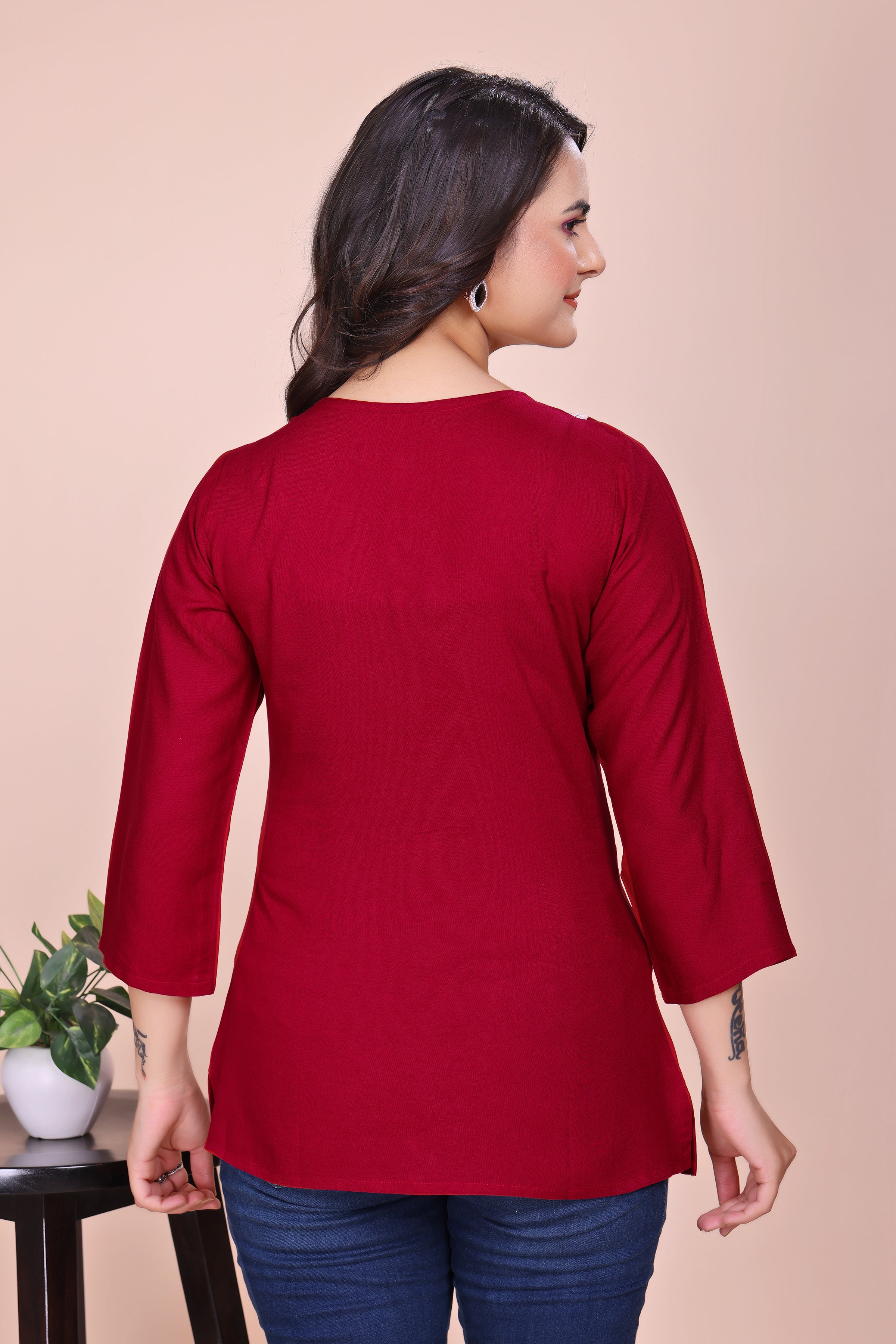 Maroon Ethnic Motifs Embroidered V-Neck Thread Work TUNIC