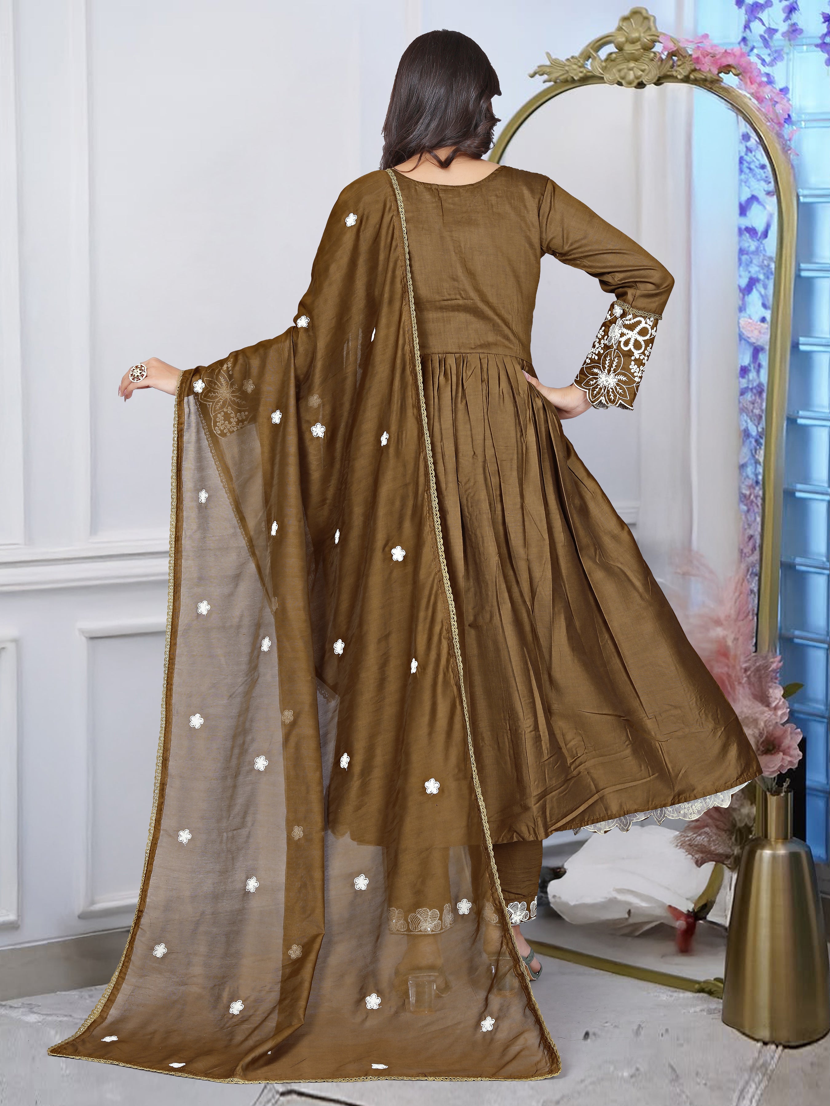 Designer Cotton Silk Gown Set with Heavy Embroidery & Chanderi Dupatta