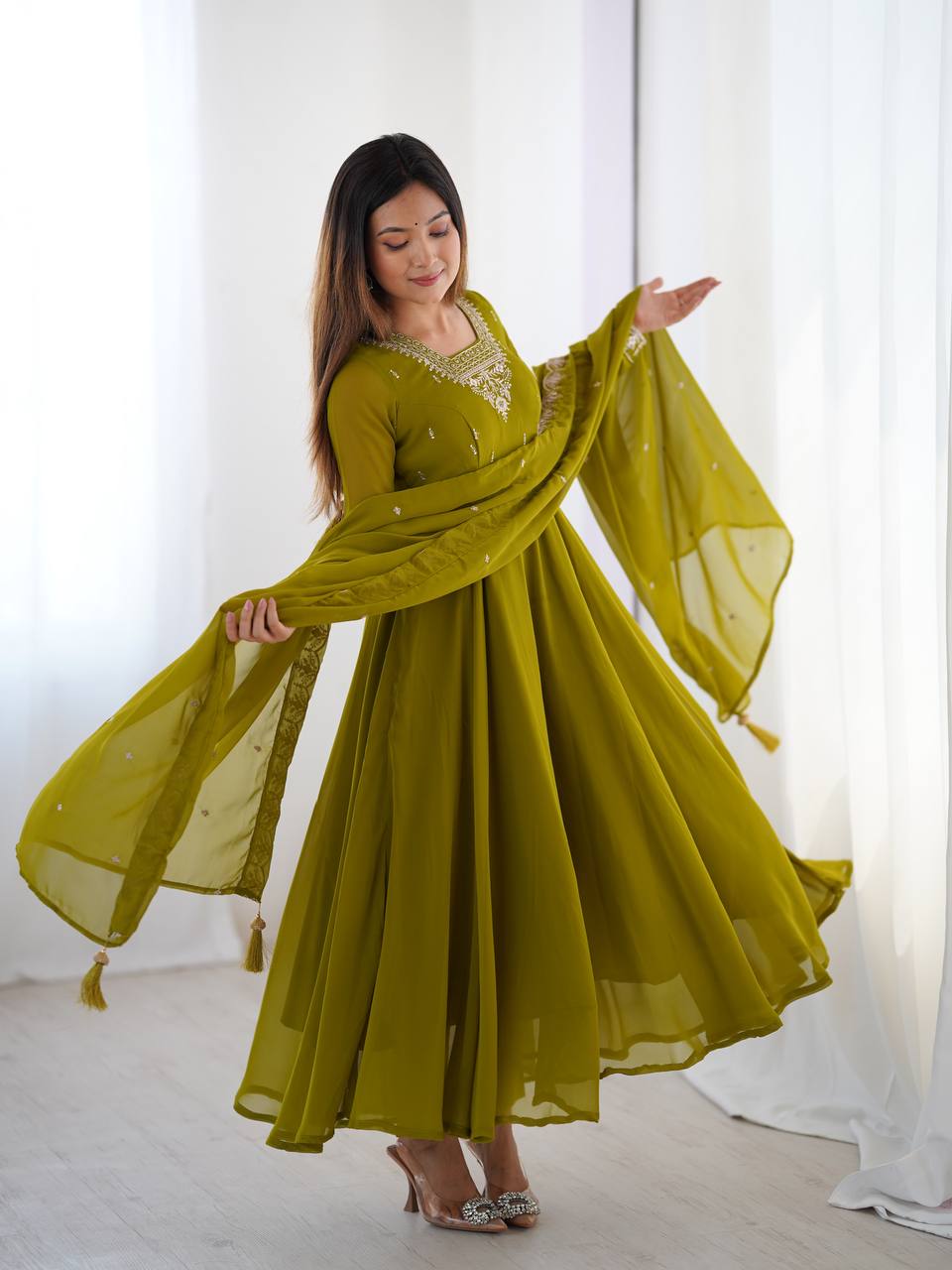 MahendiGreen Color Flaired Anarkali Ehtnic Gown Set