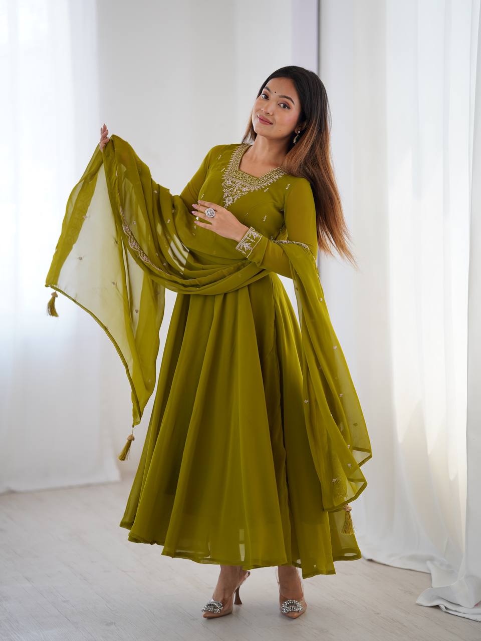 MahendiGreen Color Flaired Anarkali Ehtnic Gown Set