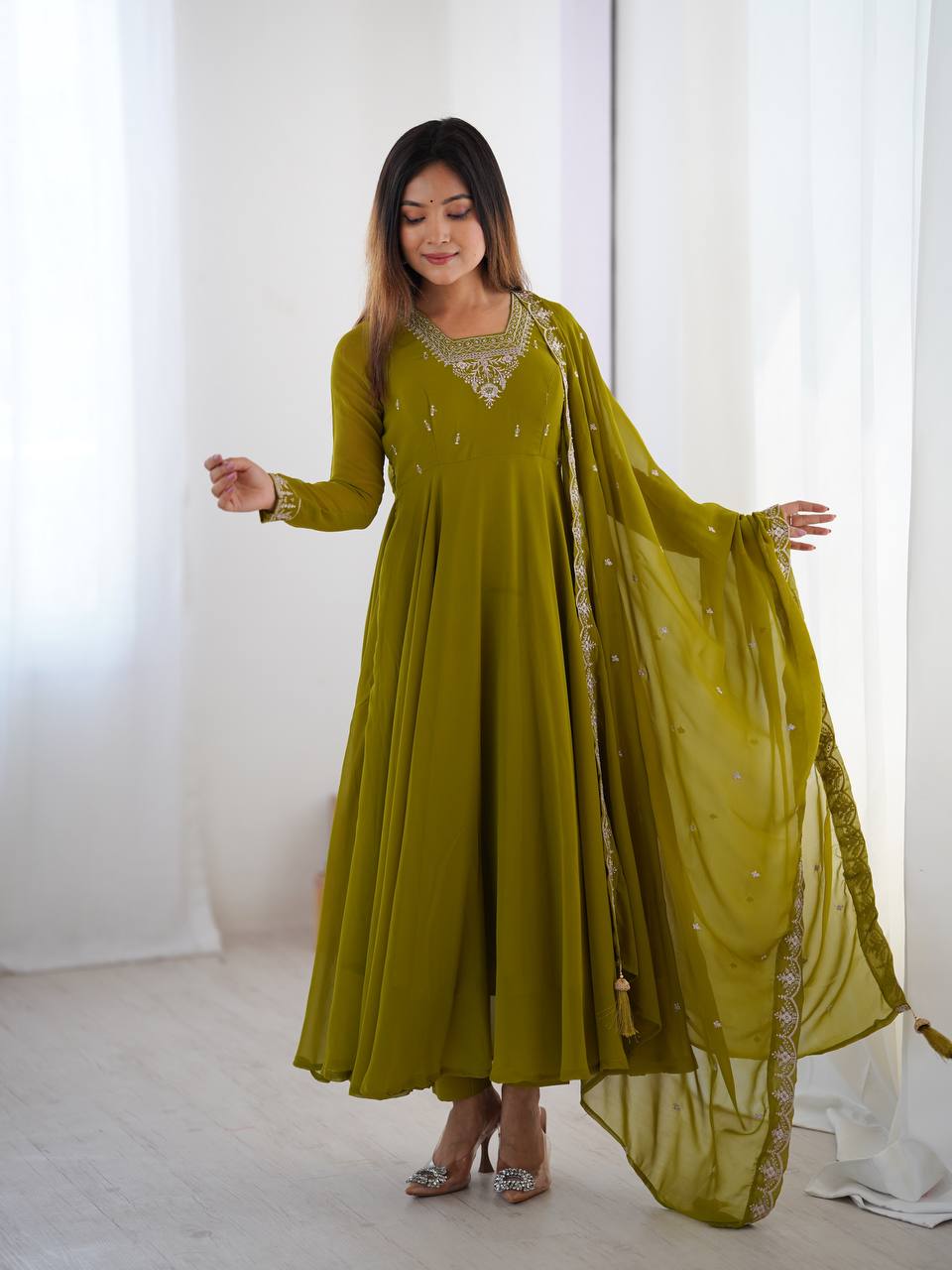 MahendiGreen Color Flaired Anarkali Ehtnic Gown Set