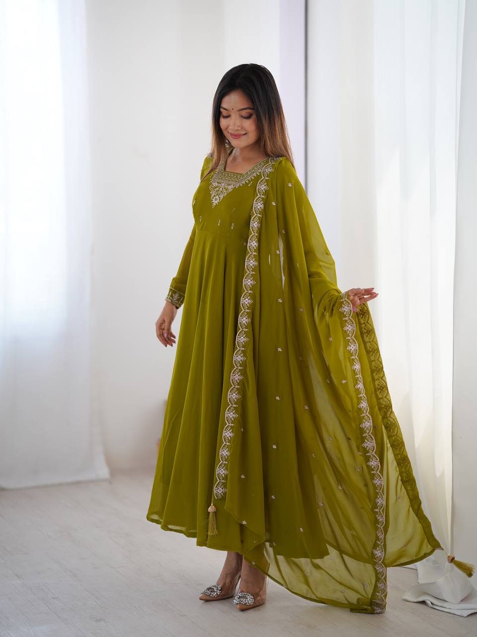 MahendiGreen Color Flaired Anarkali Ehtnic Gown Set