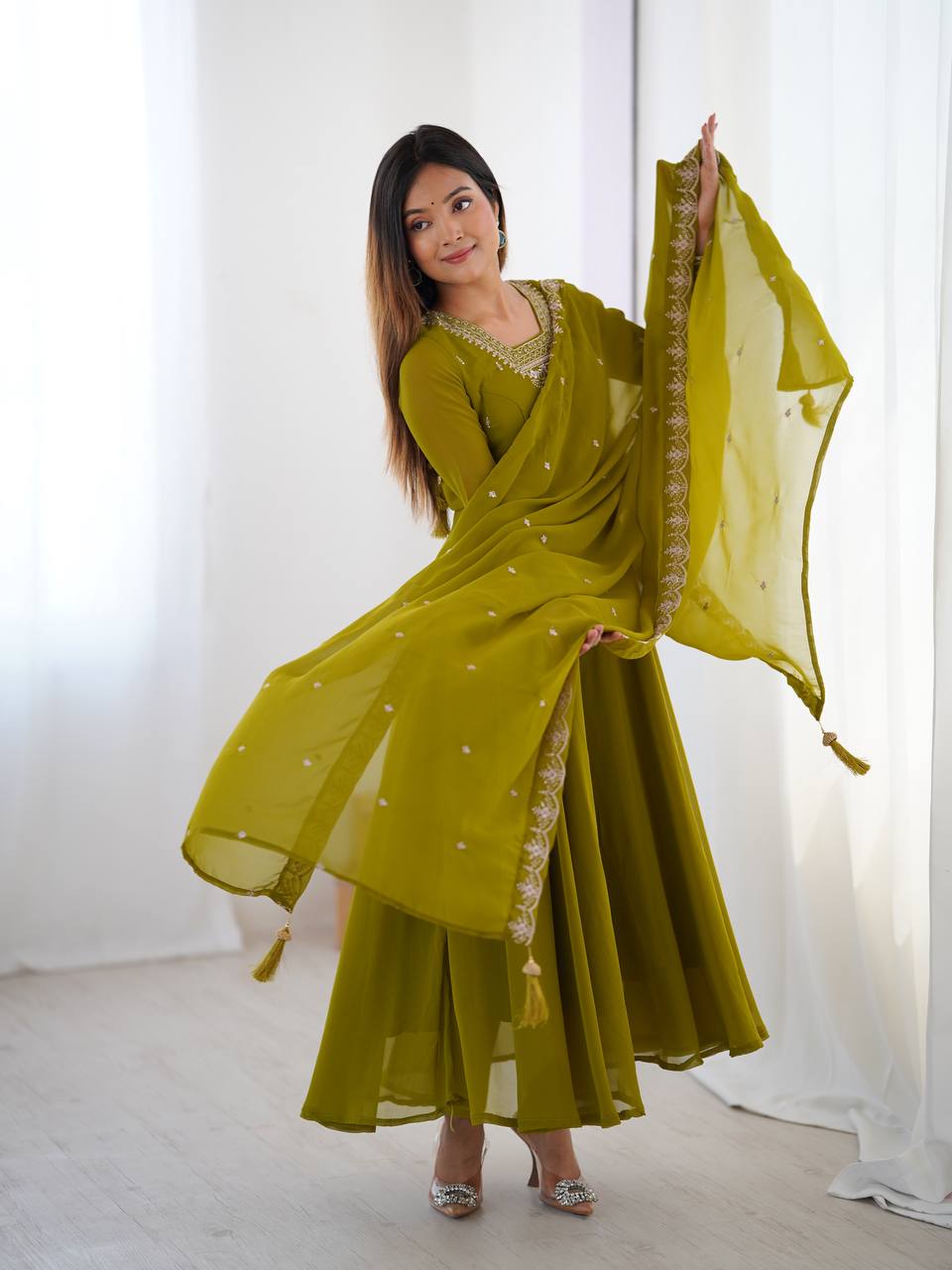 MahendiGreen Color Flaired Anarkali Ehtnic Gown Set