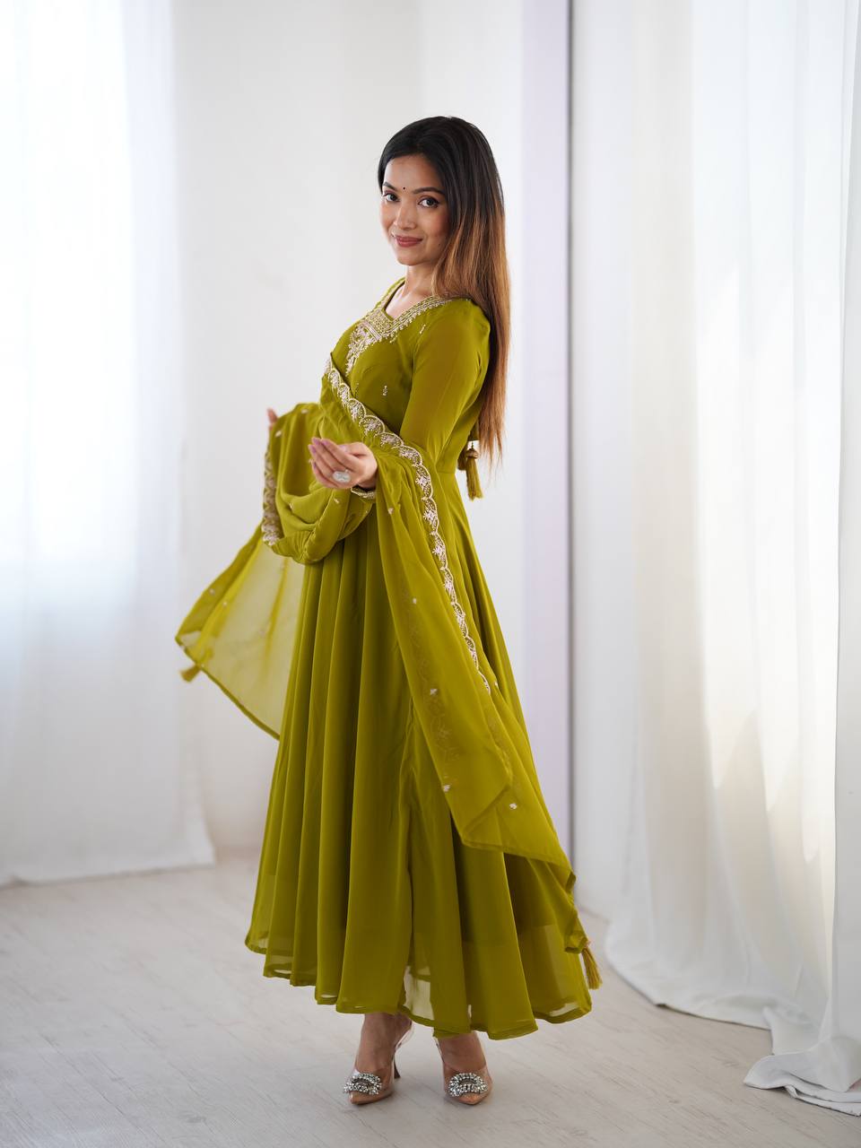 MahendiGreen Color Flaired Anarkali Ehtnic Gown Set