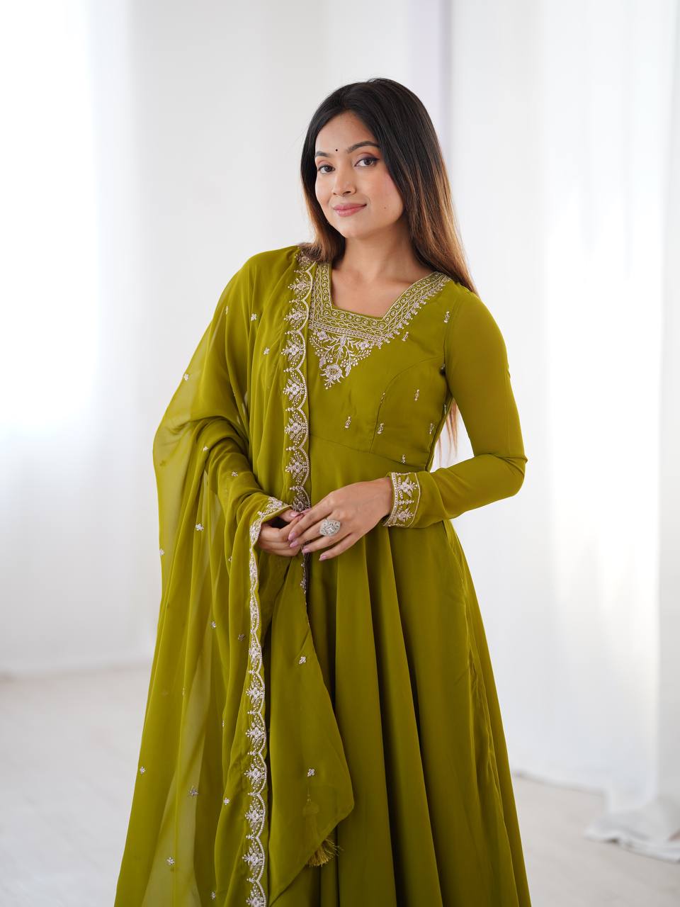 MahendiGreen Color Flaired Anarkali Ehtnic Gown Set