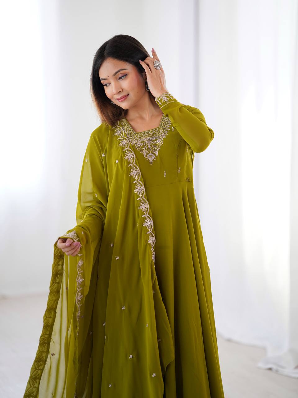 MahendiGreen Color Flaired Anarkali Ehtnic Gown Set