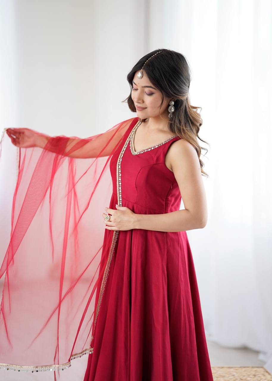 Maroon Color Roman Silk Chanderi Anarkali Gown Set - Aarti Chauhan