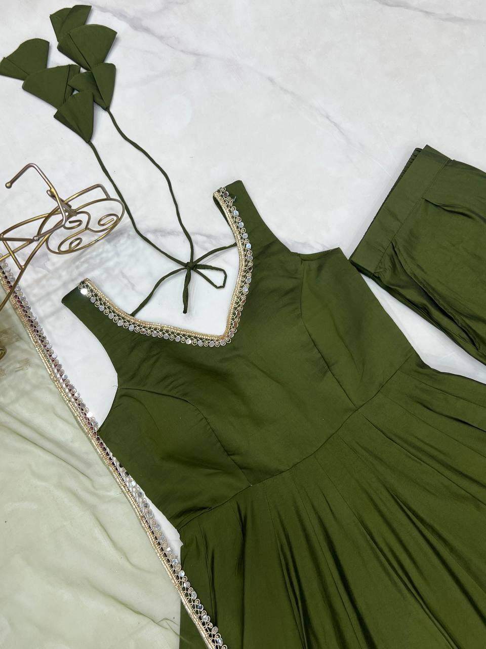 Mehendi Green Color Roman Silk Chanderi Anarkali Gown Set - Aarti Chauhan