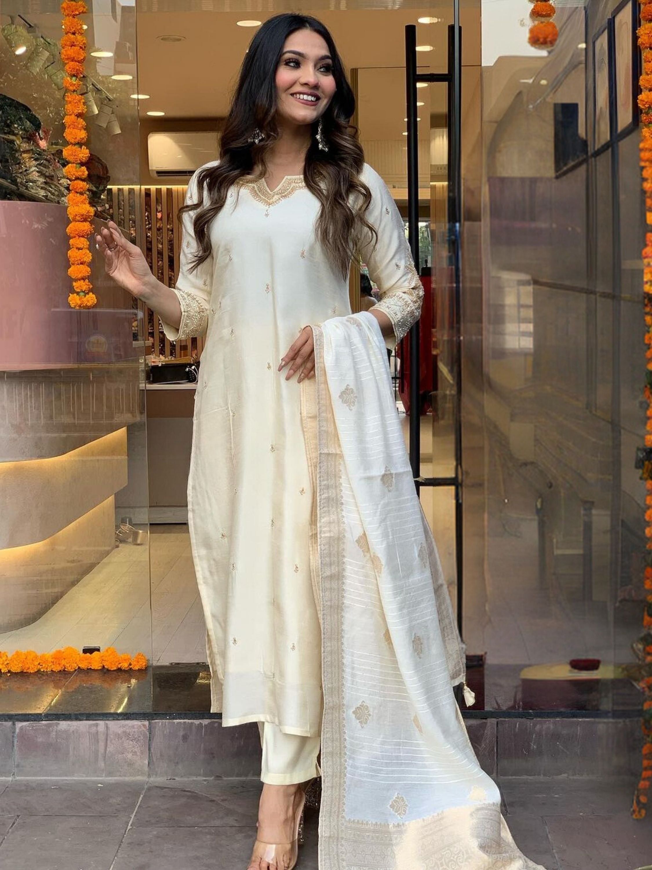 Women’s Viscose Chanderi Embroidered Suit Set with Jacquard Dupatta
