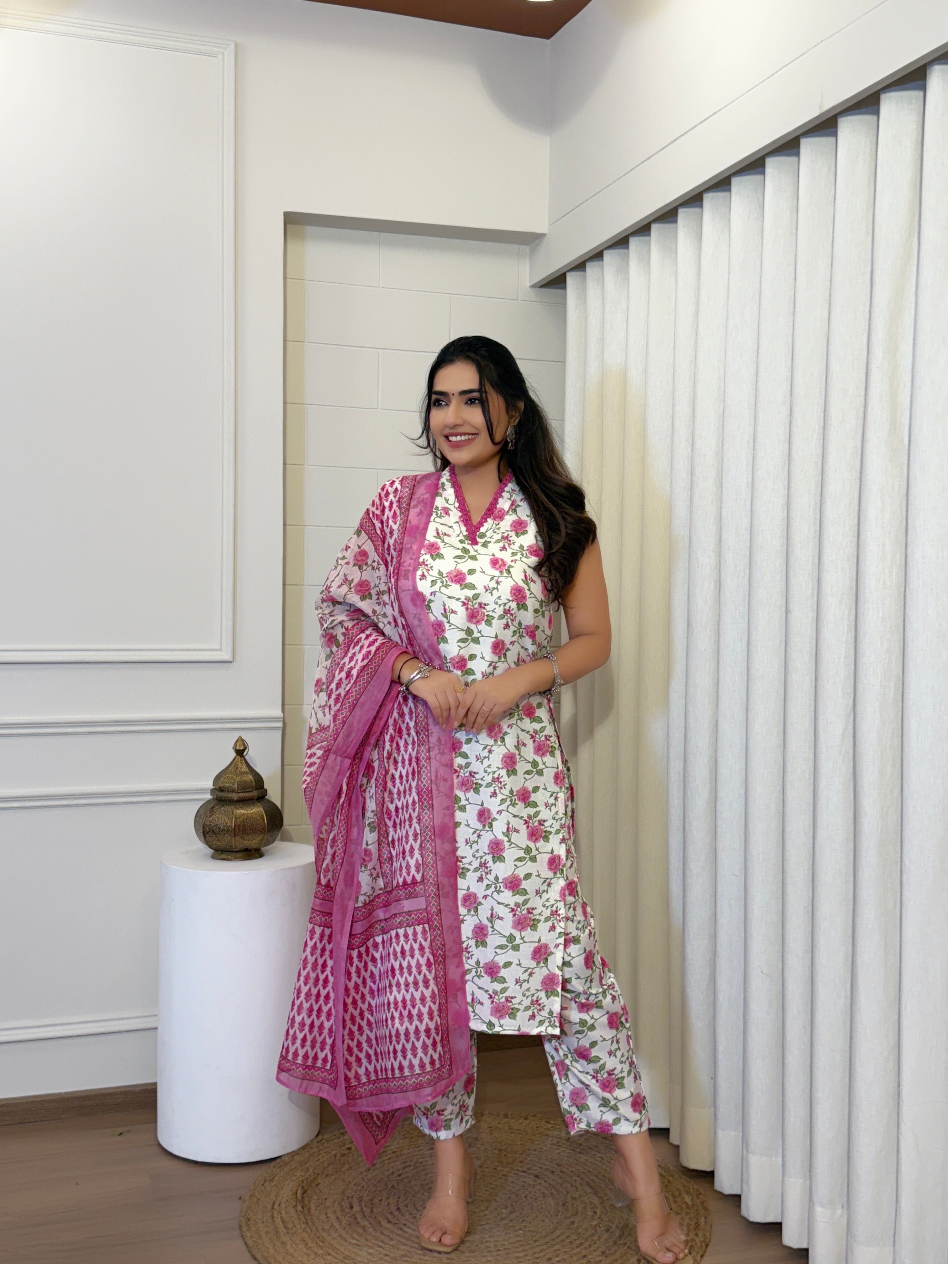 Floral Cotton Suit Set with Chanderi Dupatta