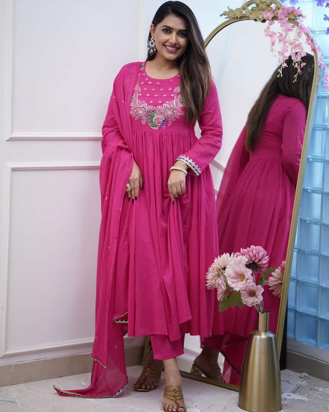 Festive Bsy Chinnon Gown Suit with Embroidered Dupatta