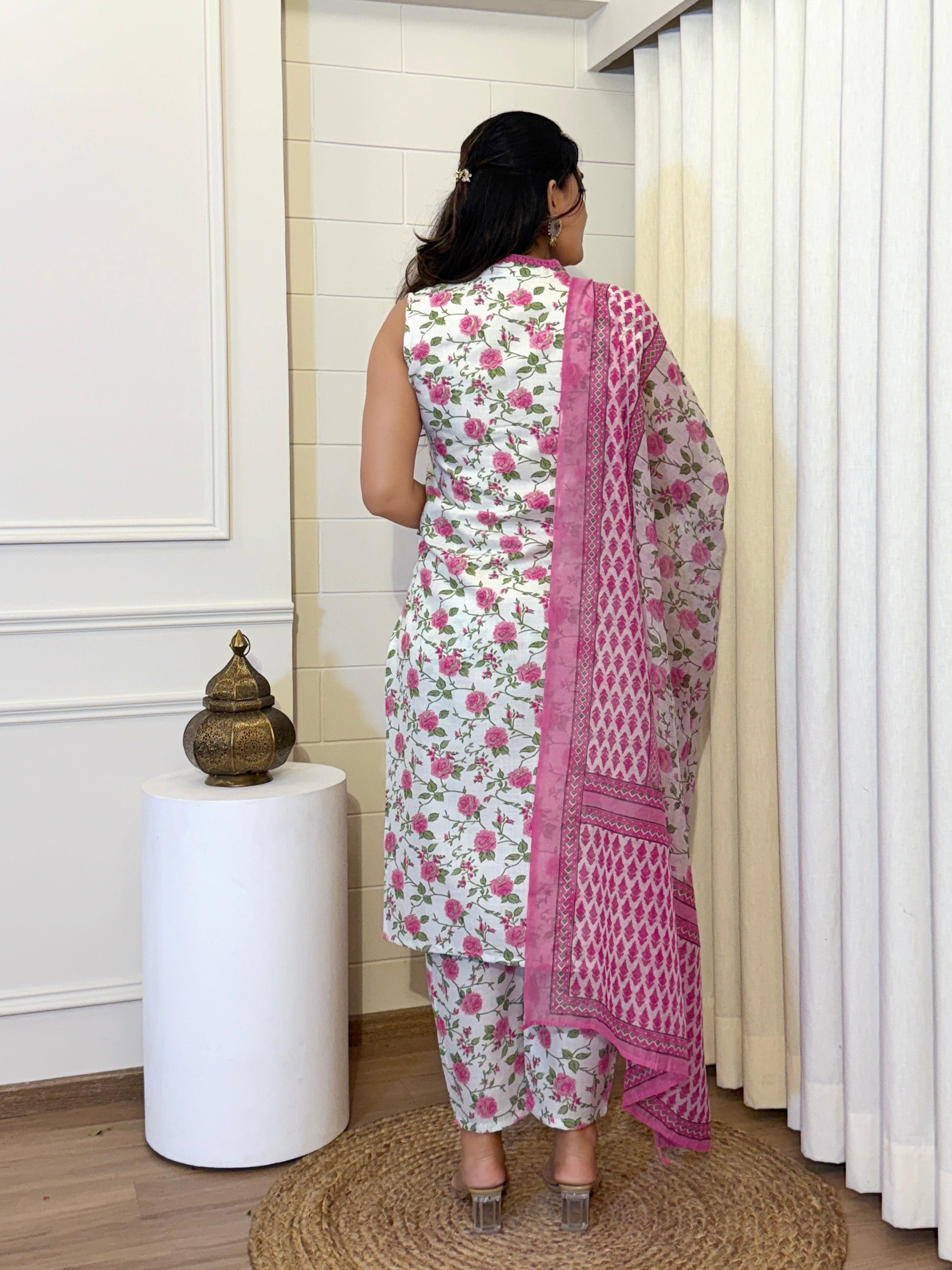 Floral Cotton Suit Set with Chanderi Dupatta
