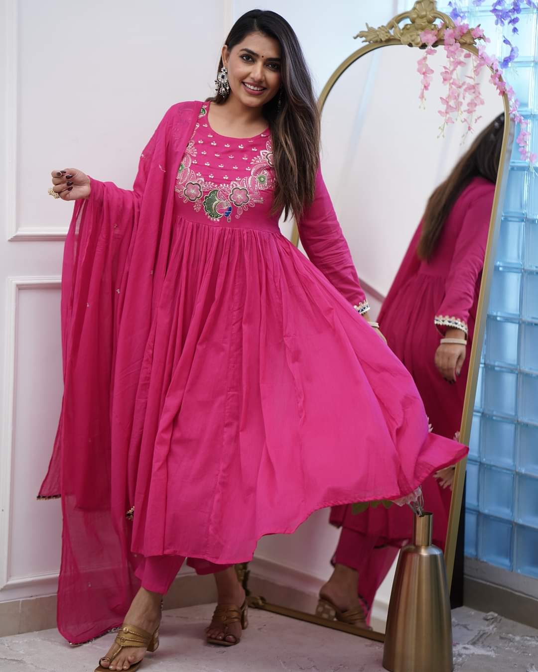 Festive Bsy Chinnon Gown Suit with Embroidered Dupatta
