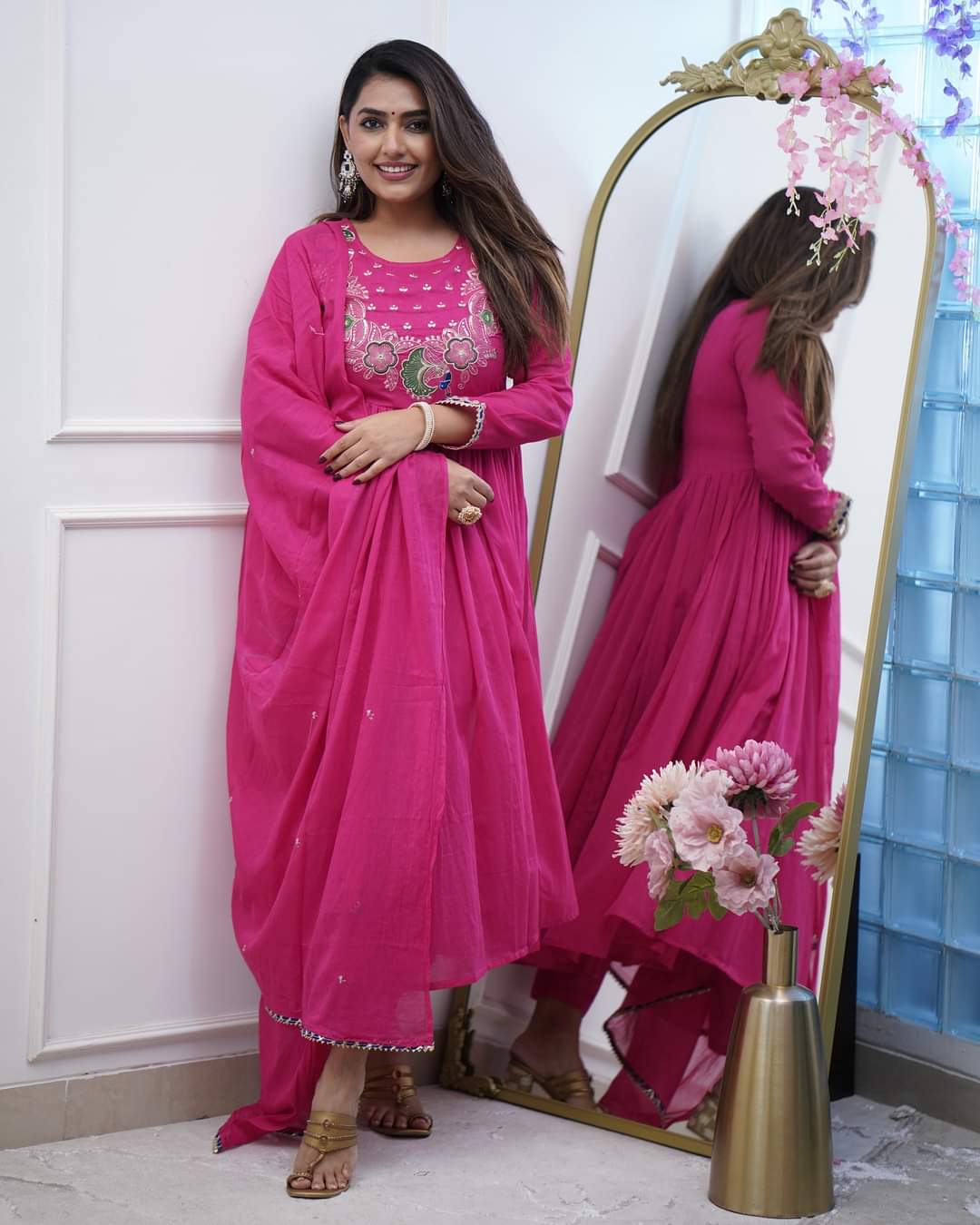 Festive Bsy Chinnon Gown Suit with Embroidered Dupatta