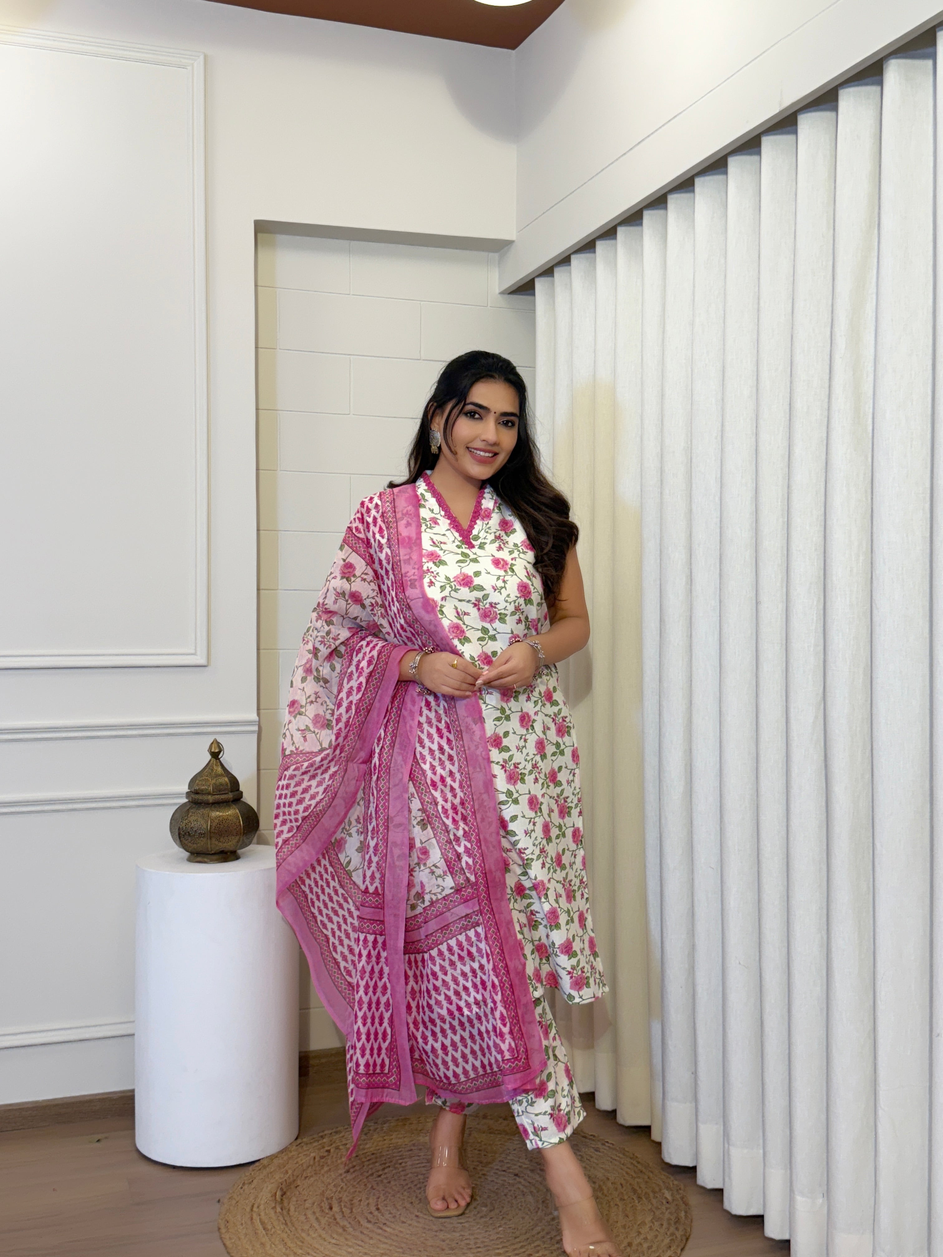 Floral Cotton Suit Set with Chanderi Dupatta