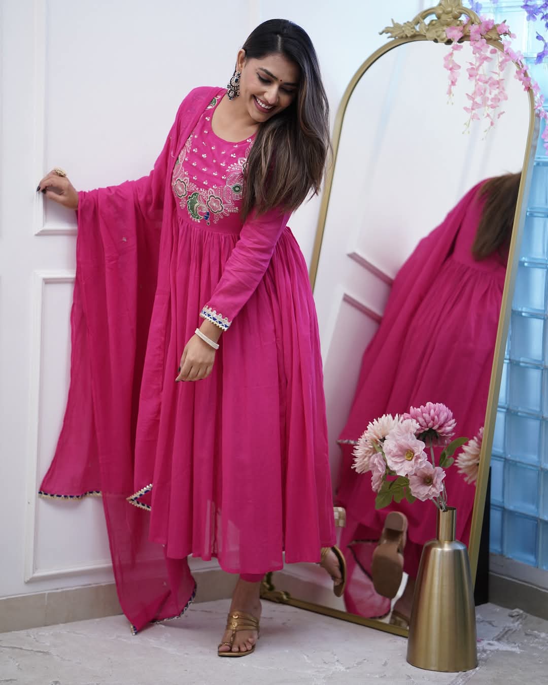Festive Bsy Chinnon Gown Suit with Embroidered Dupatta