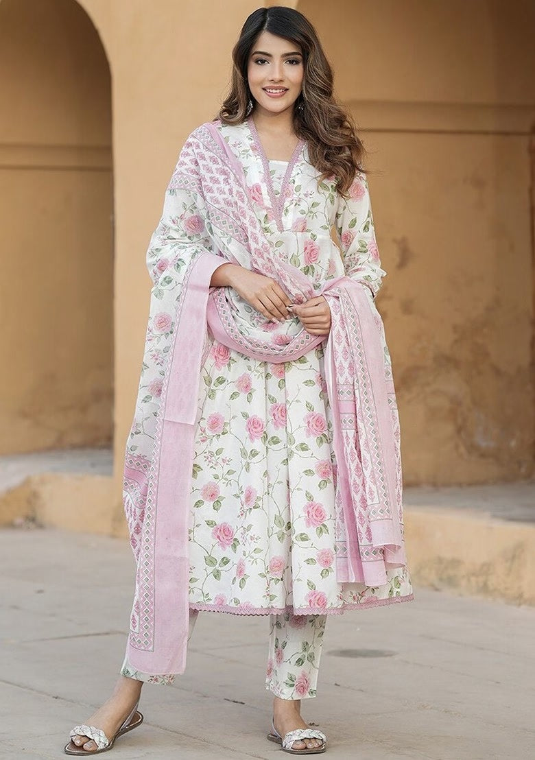 Floral Cotton Suit Set with Chanderi Dupatta