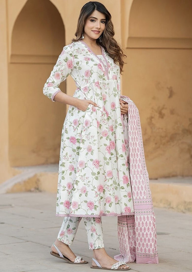Floral Cotton Suit Set with Chanderi Dupatta