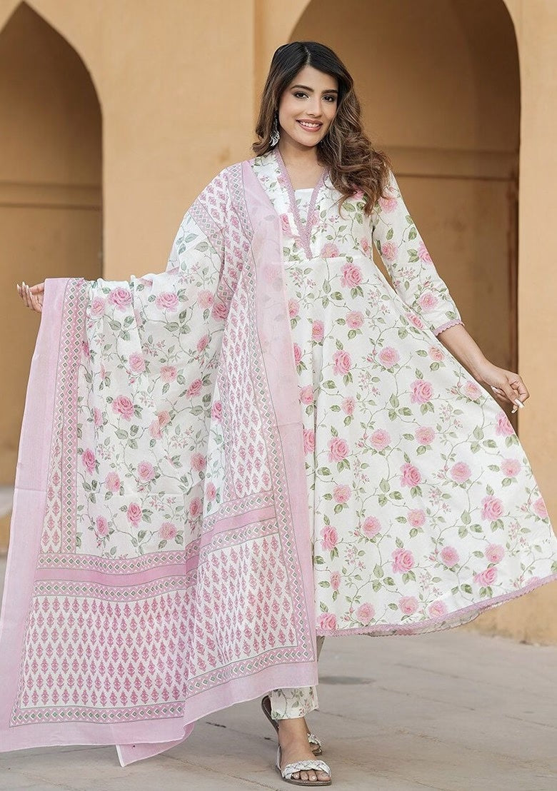 Floral Cotton Suit Set with Chanderi Dupatta