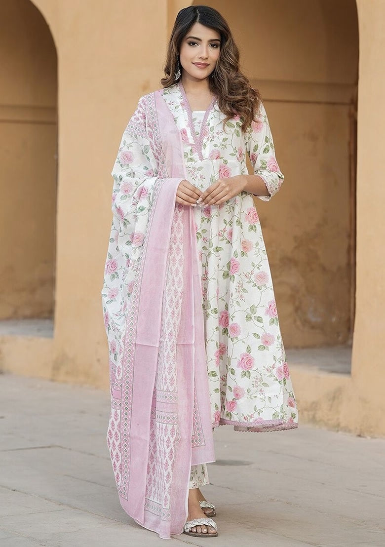 Floral Cotton Suit Set with Chanderi Dupatta