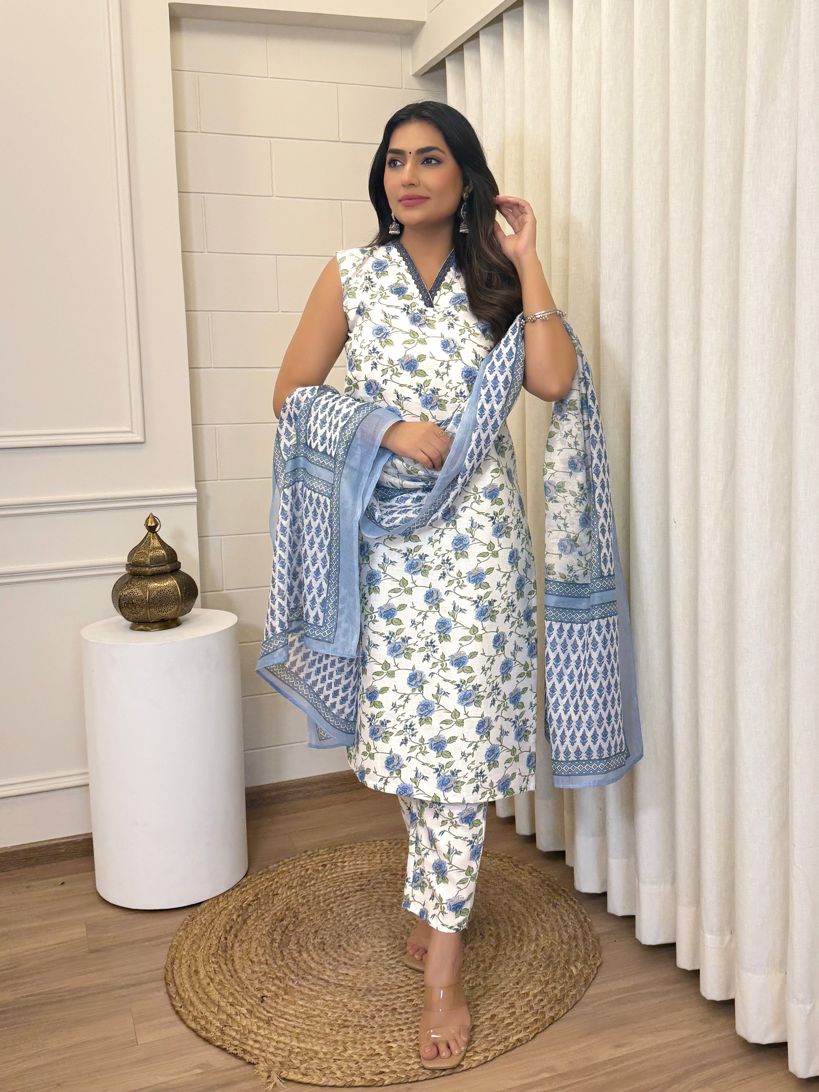 Floral Cotton Suit Set with Chanderi Dupatta