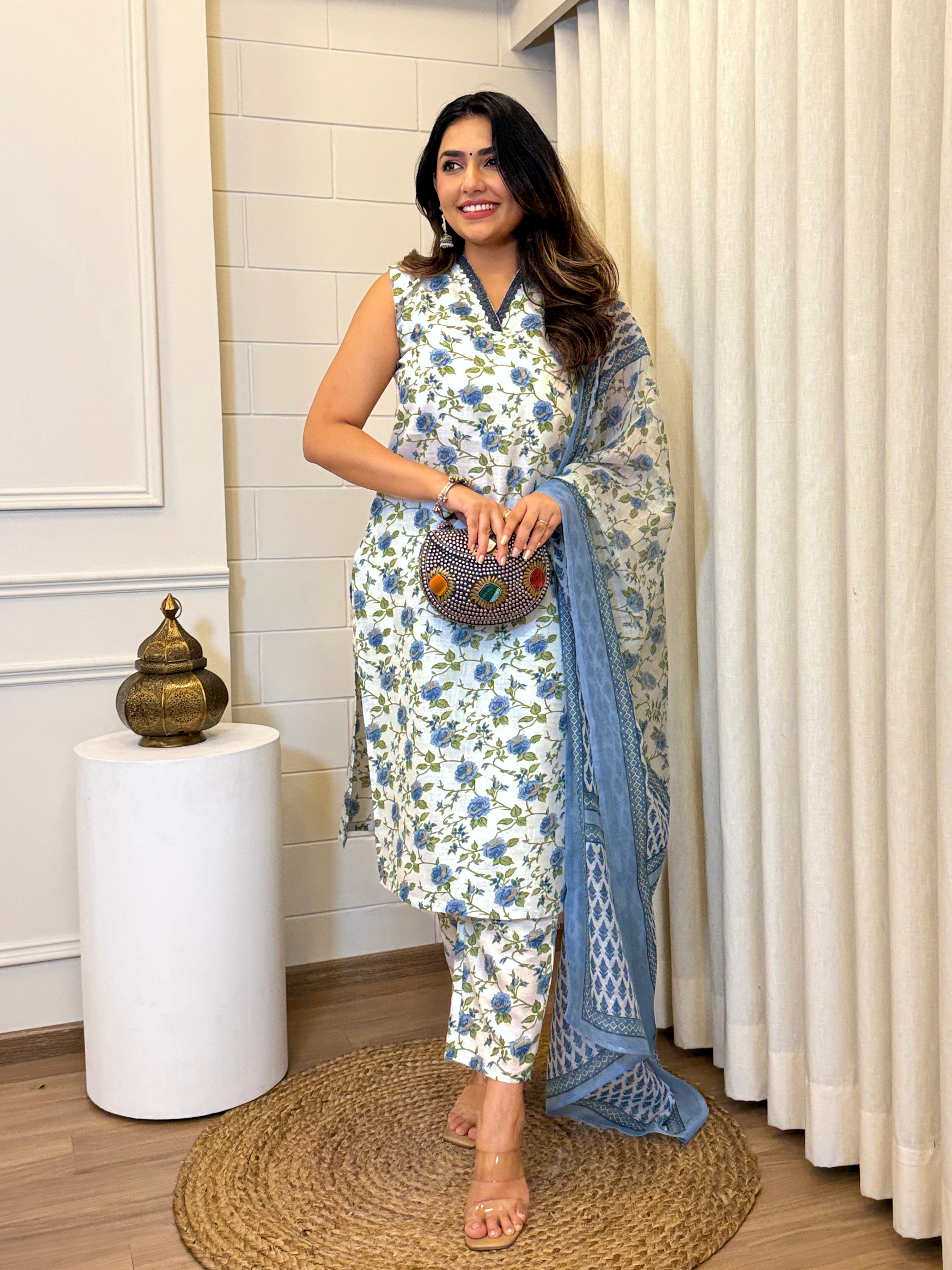Floral Cotton Suit Set with Chanderi Dupatta