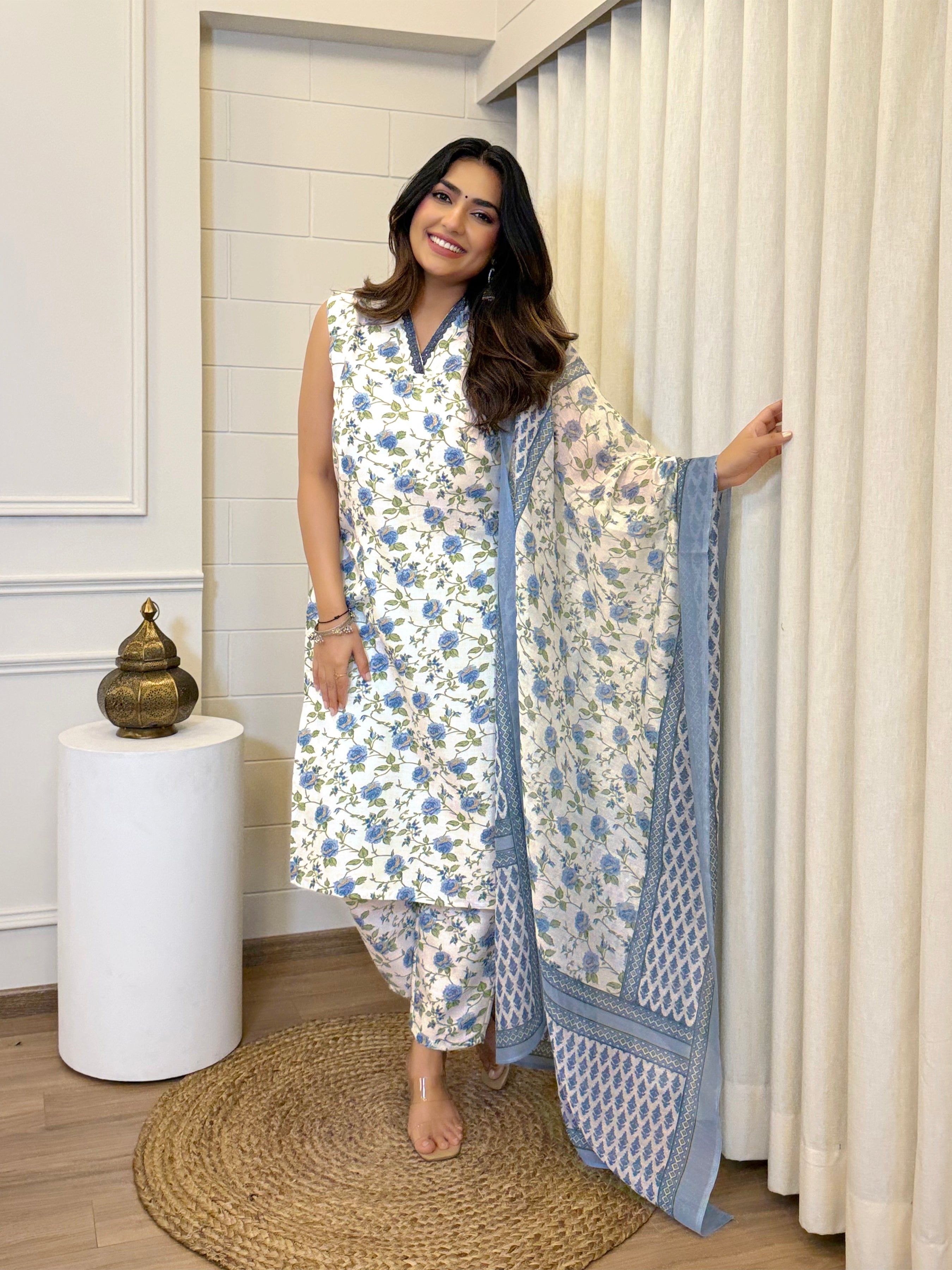 Floral Cotton Suit Set with Chanderi Dupatta