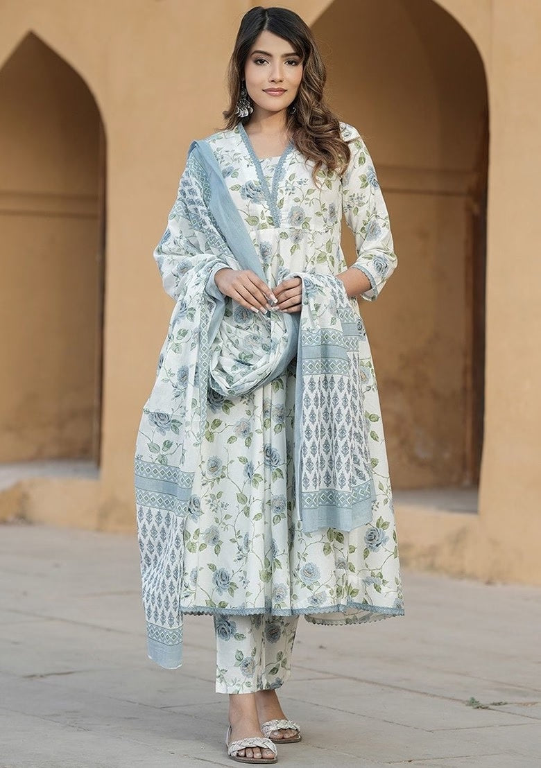 Floral Cotton Suit Set with Chanderi Dupatta